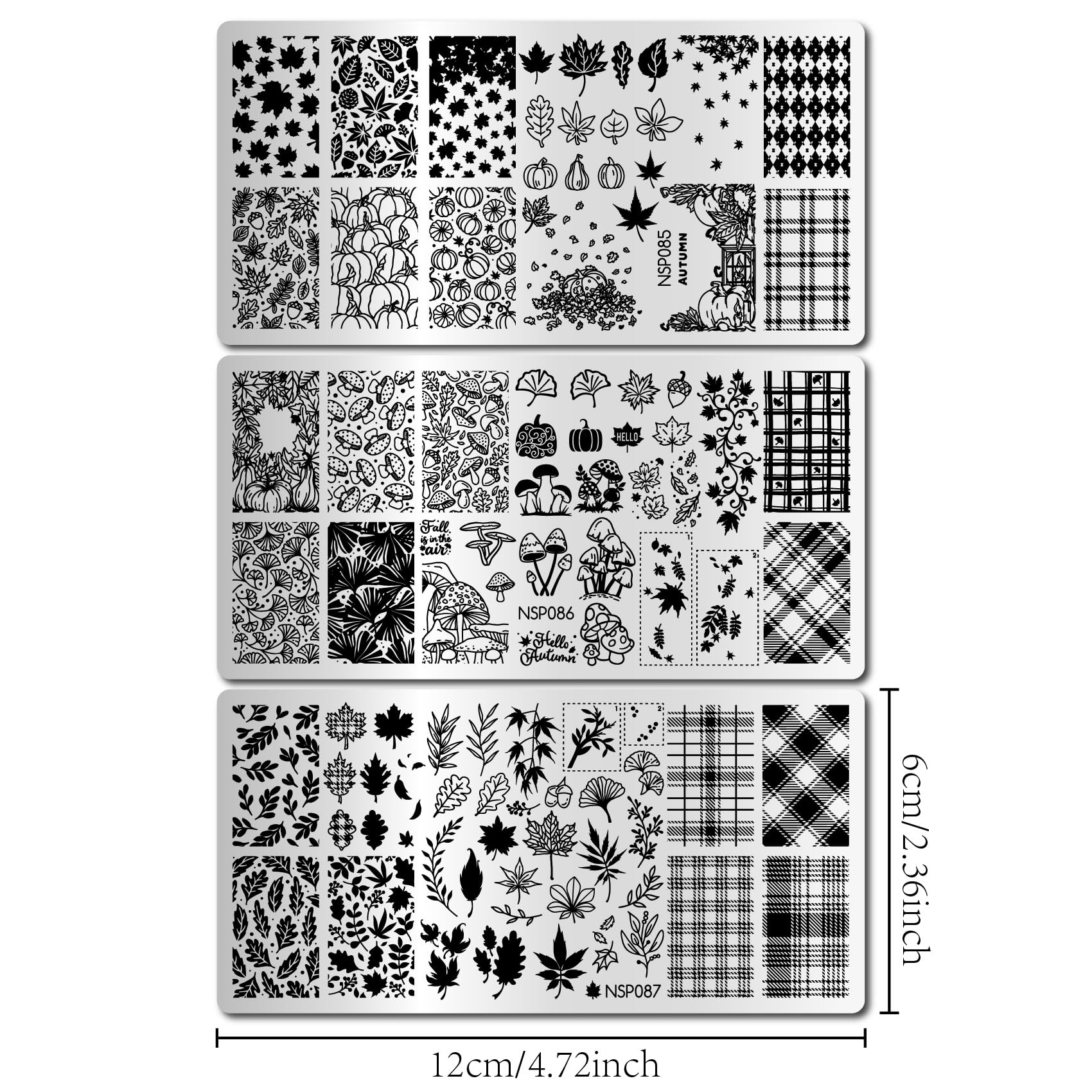 Arbuya Fall Nail Stamping Plates Set of 3 - Pumpkin, Mushroom, Maple, Ginkgo, Oak Leaves & Checkered Backgrounds for Autumn Nail Art for DIY Nail Art Manicure Salon Supply