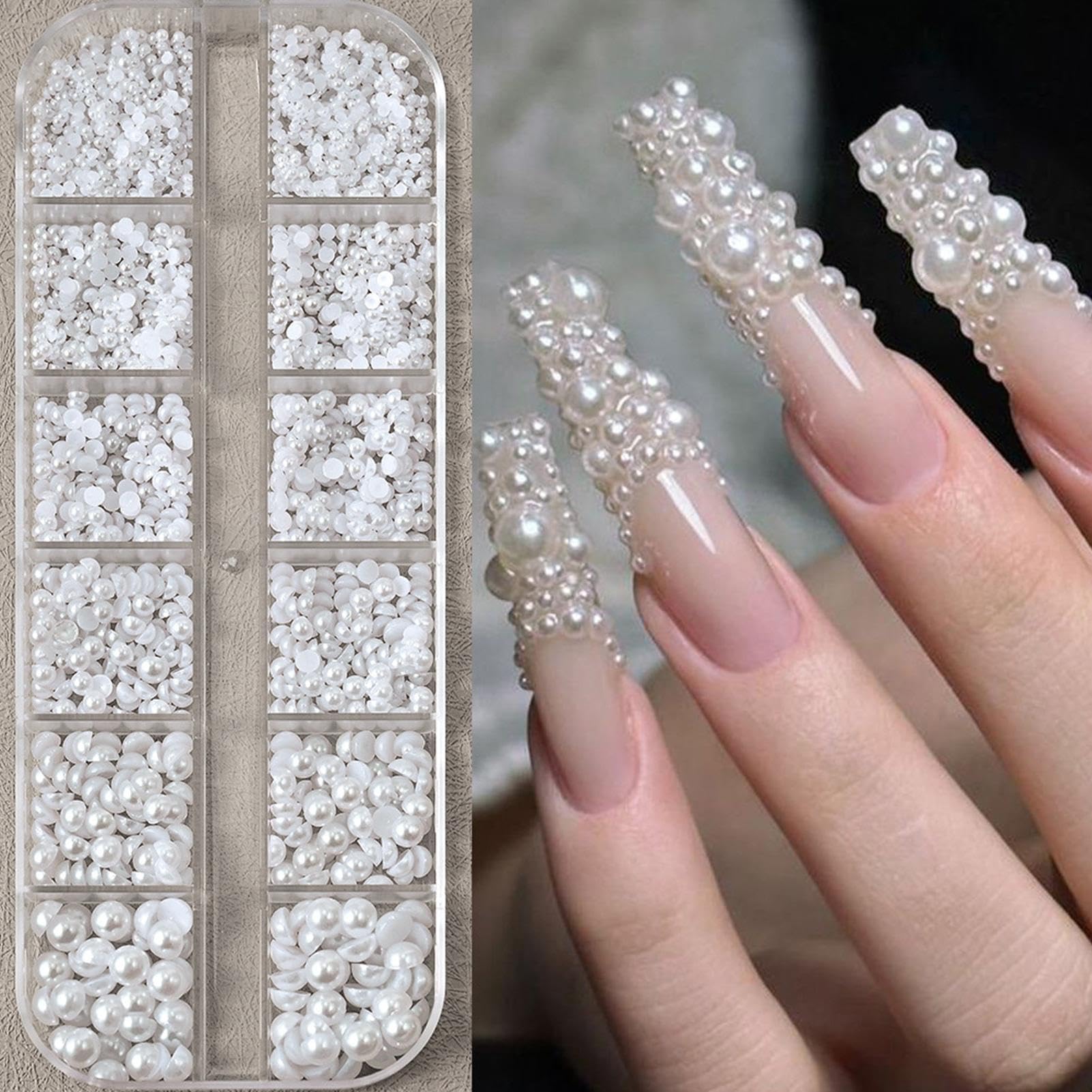 Glitter nail charms with pearl decorations for manicures, manicure embellishment supplies, tools for nail art design.