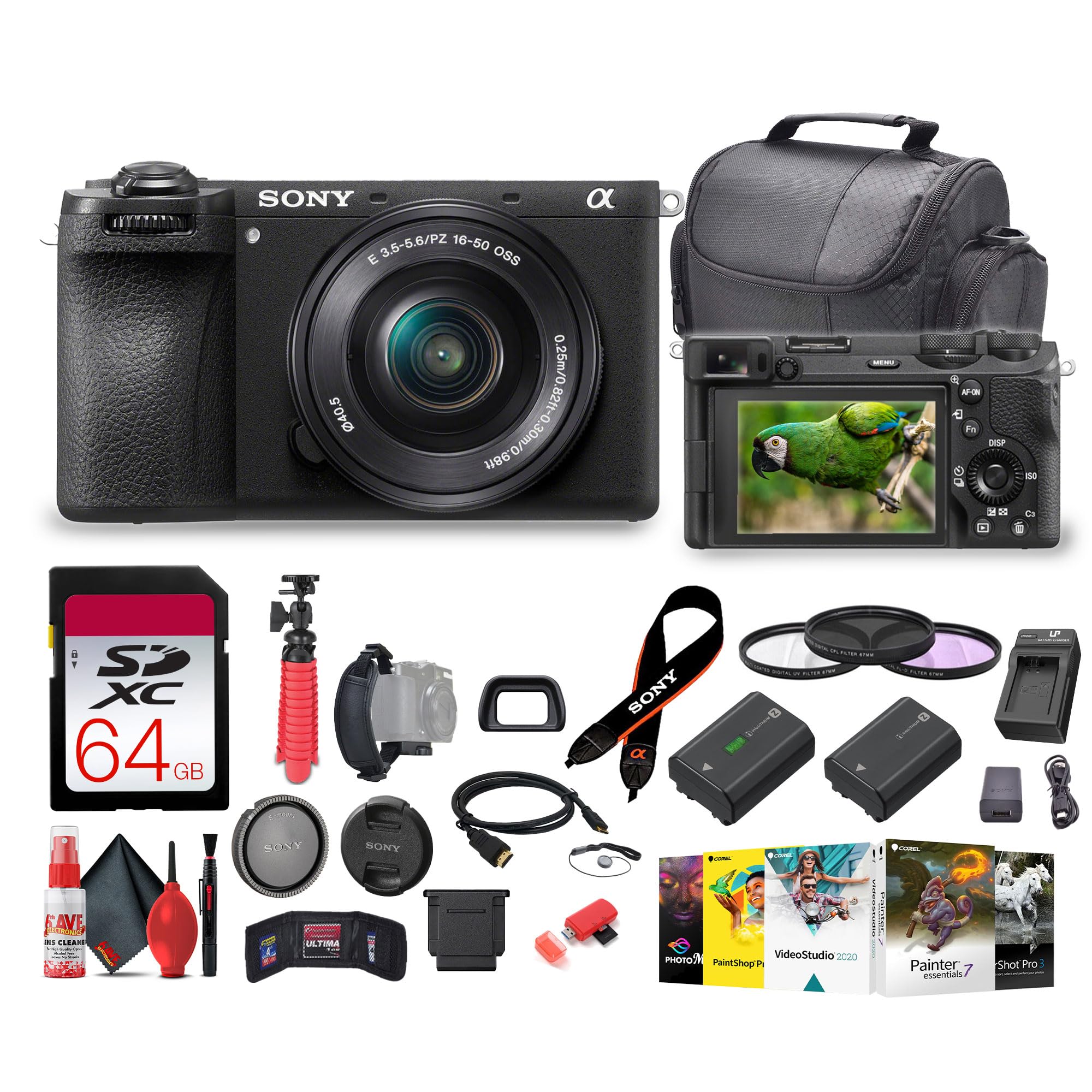 Sony a6700 Mirrorless Vlogger Camera with 16-50mm Lens (ILCE-6700L) + 64GB Memory Card + NP-FZ100 Battery + Photography Software + Filter Kit + Charger + Case + Flexible Tripod + More (Renewed)