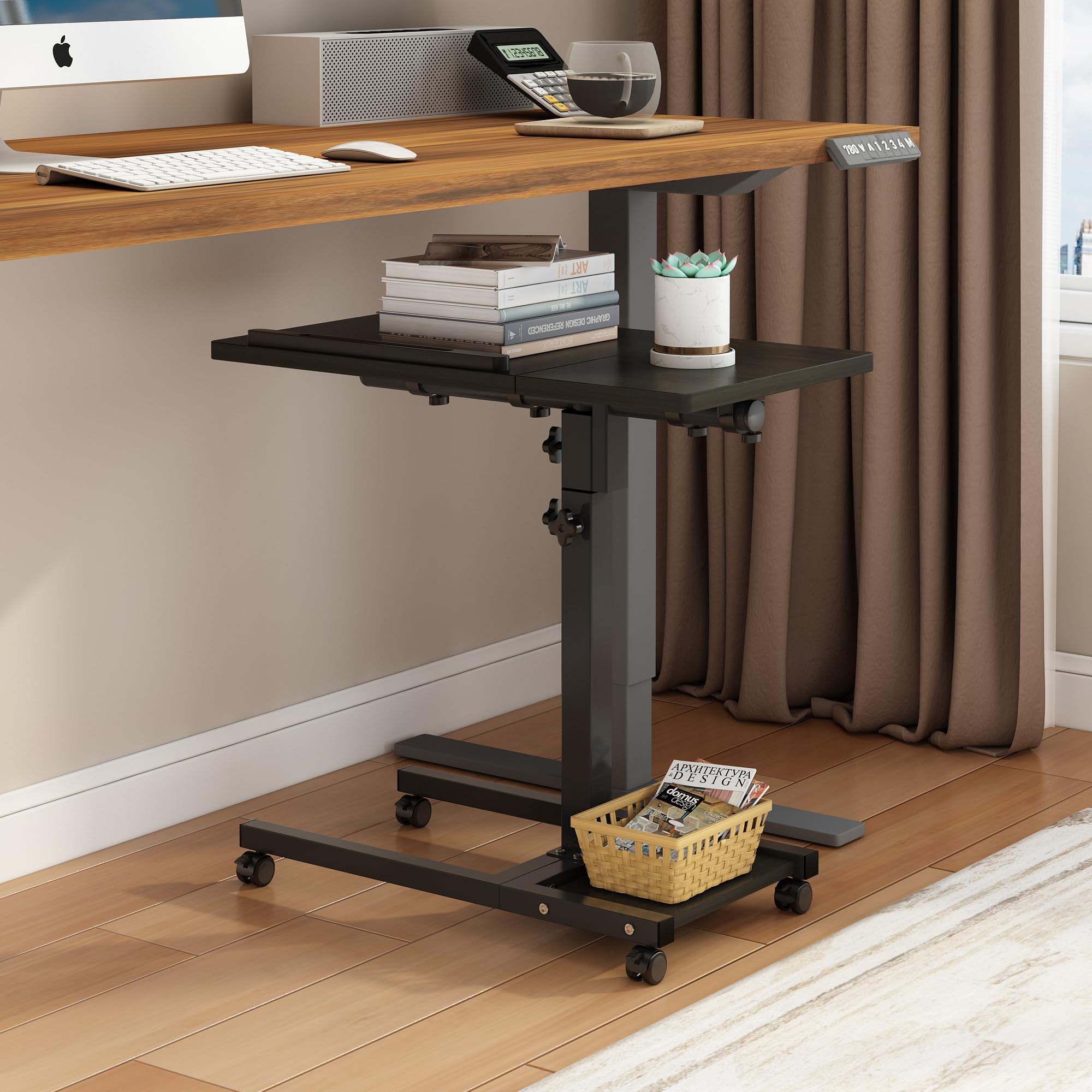 TigerDad mobile adjustable laptop stand with tiltable surface, wheels, and mouse pad for portable PC or notebook use.