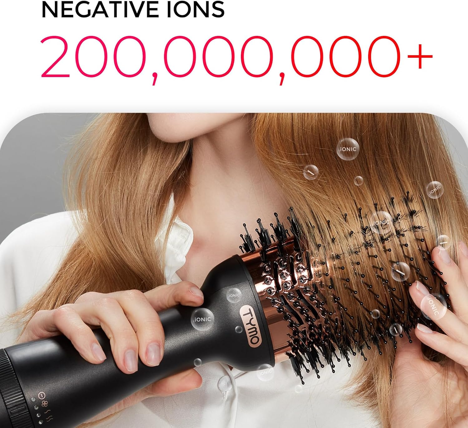 TYMO 4-in-1 ionic hair dryer brush and styler with volumizer, showcasing its sleek design and versatile styling features