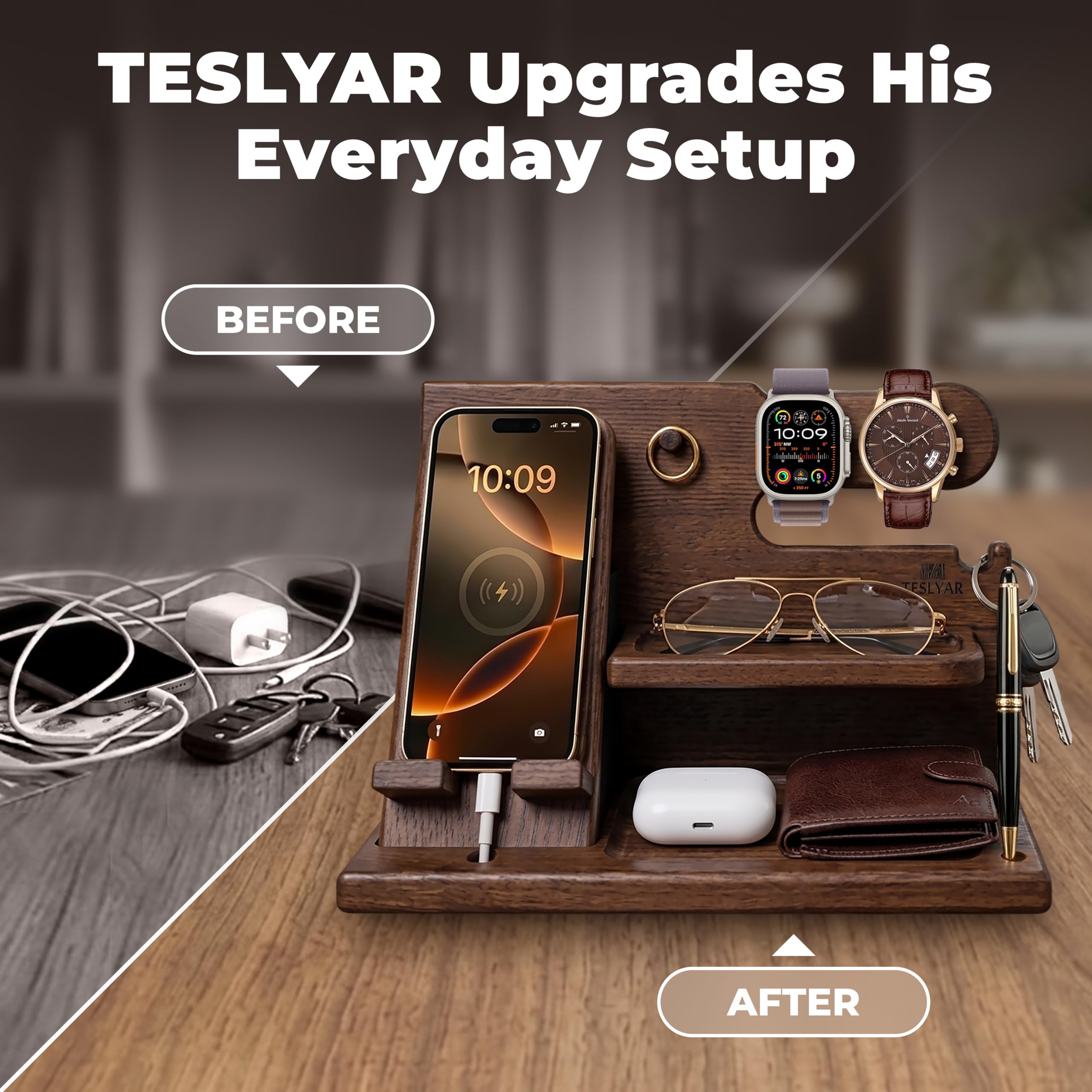 TESLYAR Wood Phone Docking Station for Men - Desk or Nightstand Organizer - Birt - TESLYAR Official Product View 3