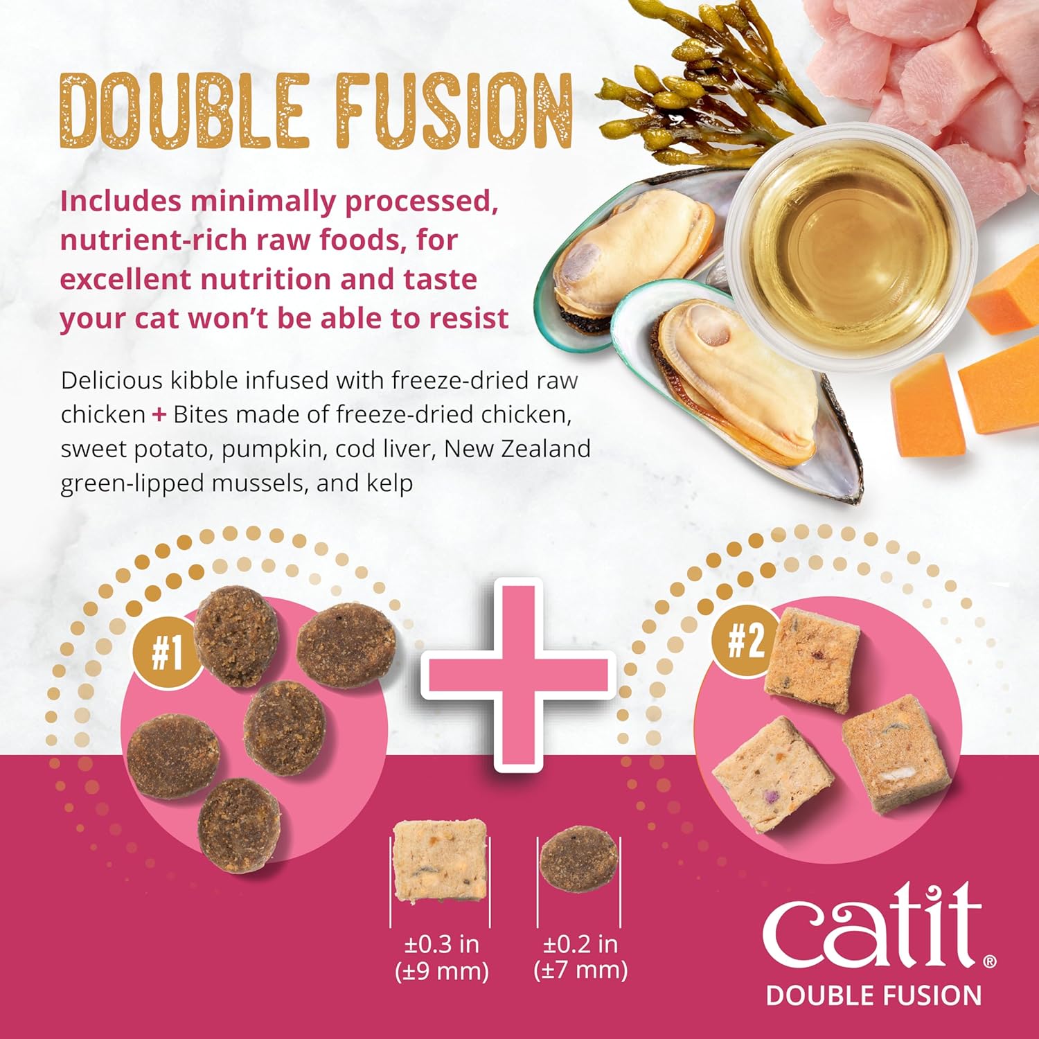 Catit Recipes Double Fusion Kitten Food with chicken recipe, high 96% animal protein, in a resealable pouch.
