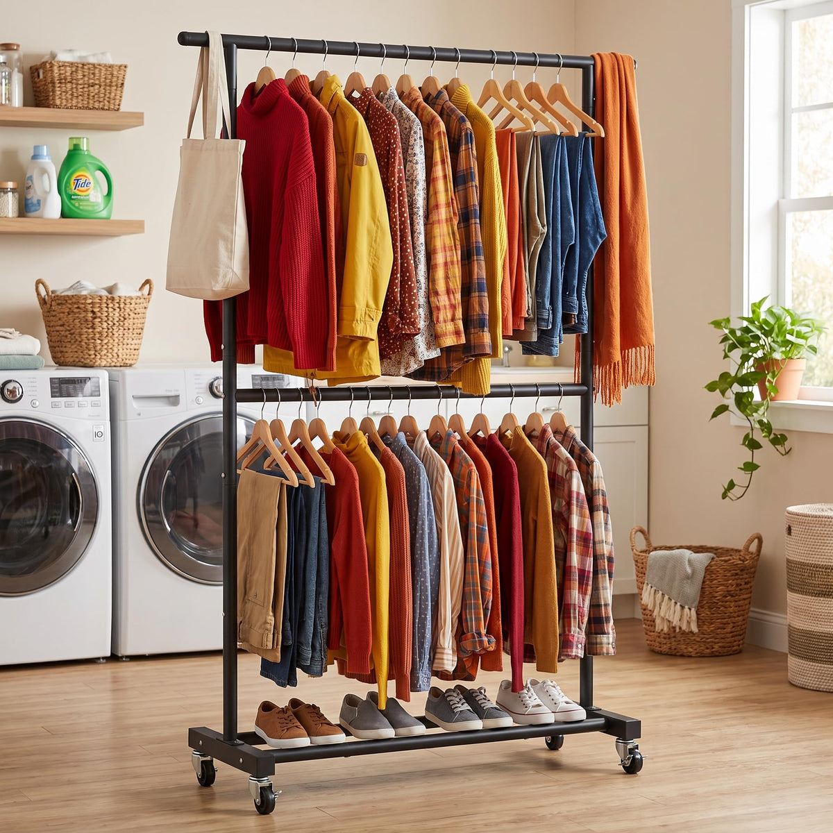 Sywhitta Double Rod Metal Clothing Garment Rack on Wheels - Sywhitta Official Imagery - 7