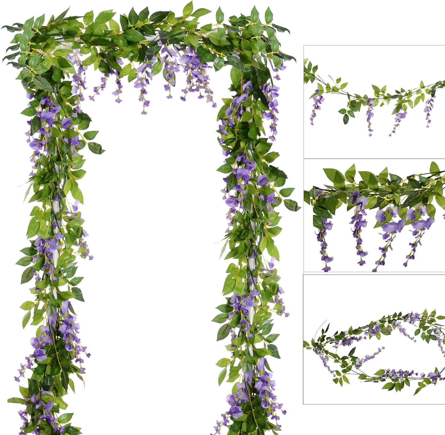 DearHouse 4-piece white silk Wisteria artificial flowers, 6.6 feet long, showing lush white blossoms and green stems.