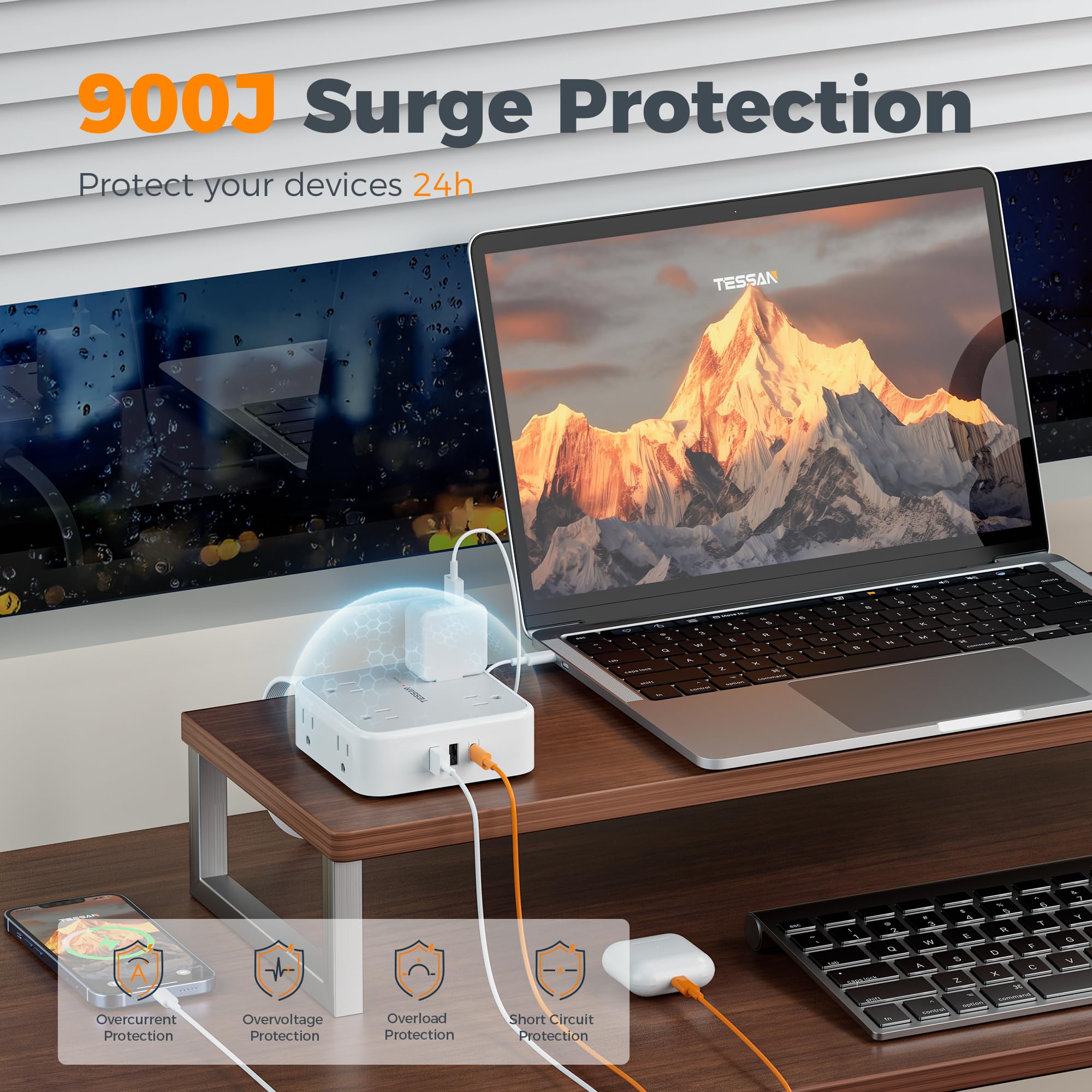 Grey TESSAN power strip with 10-foot cord and 900J surge protection, featuring multiple outlets for electronic devices.