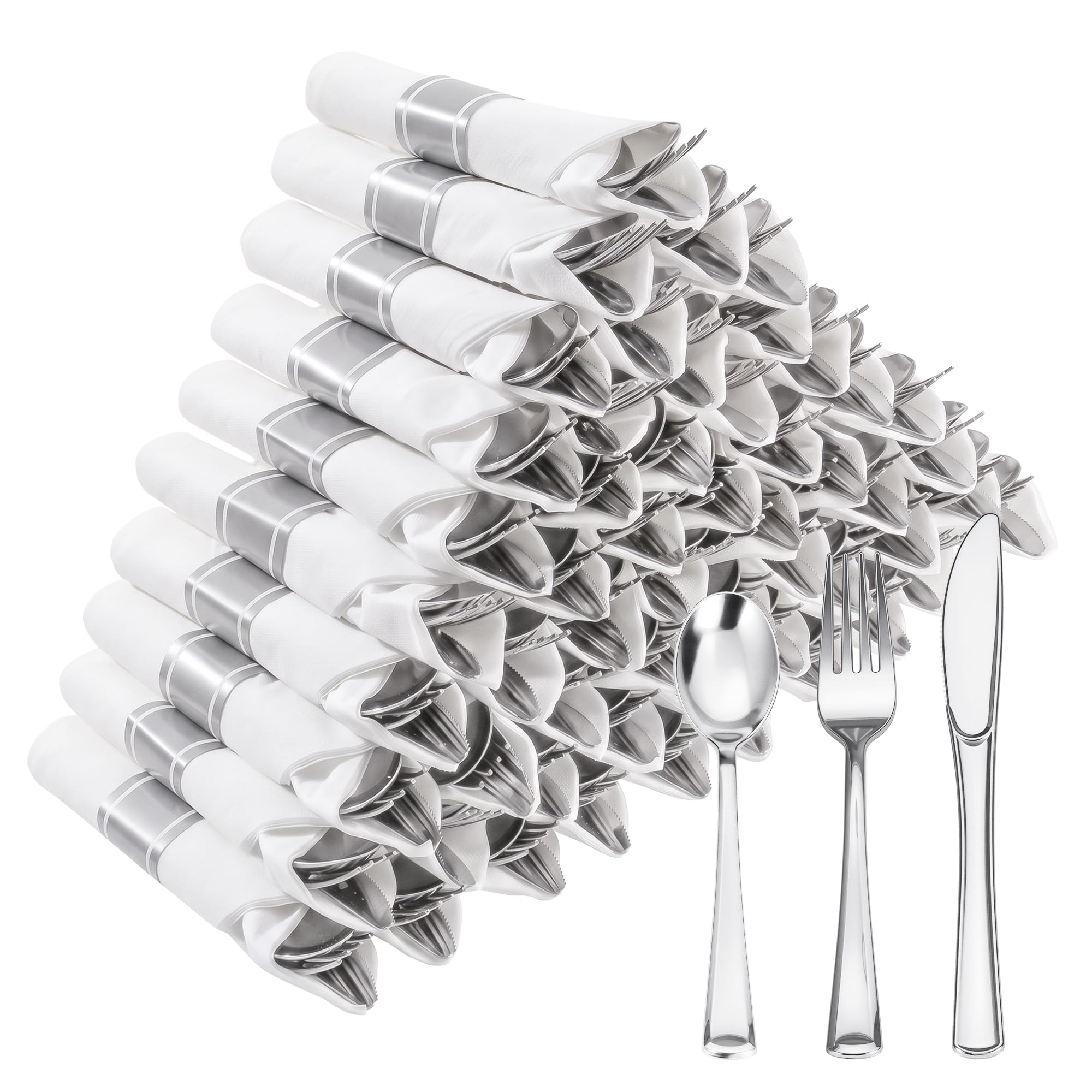 Goodluck 100 Pack Pre Rolled Silver Plastic Silverware, Wrapped C - Goodluck Official Product View 8