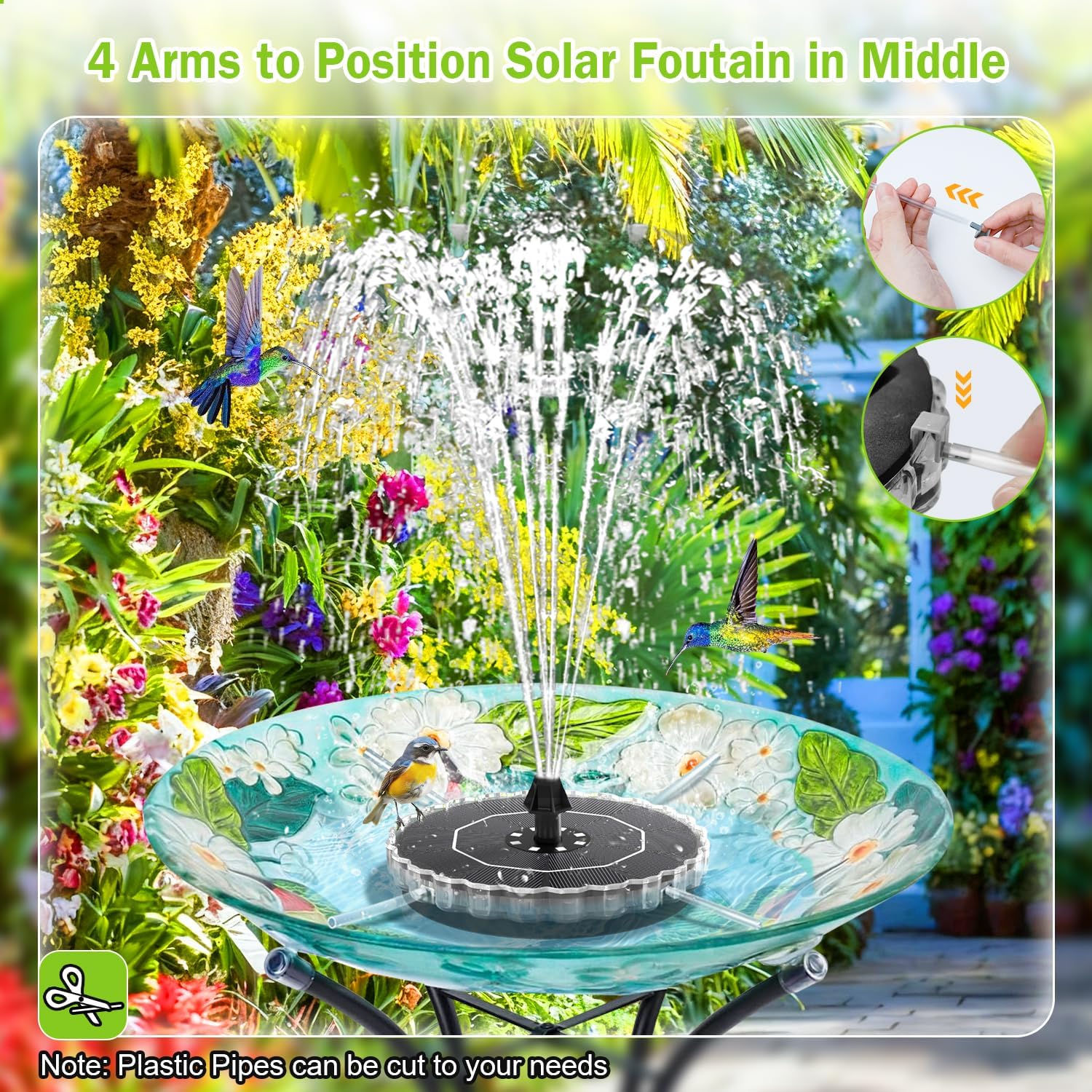 GAIZERL solar fountain with 3.5W solar panel and colorful water spray for bird baths and outdoor decoration.