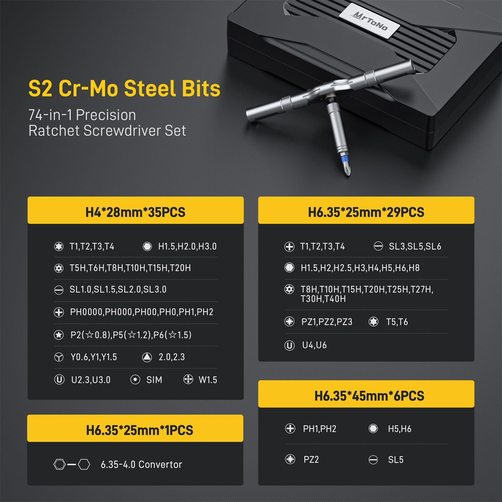 MrToNo 74-in-1 Magnetic Ratchet Screwdriver Set