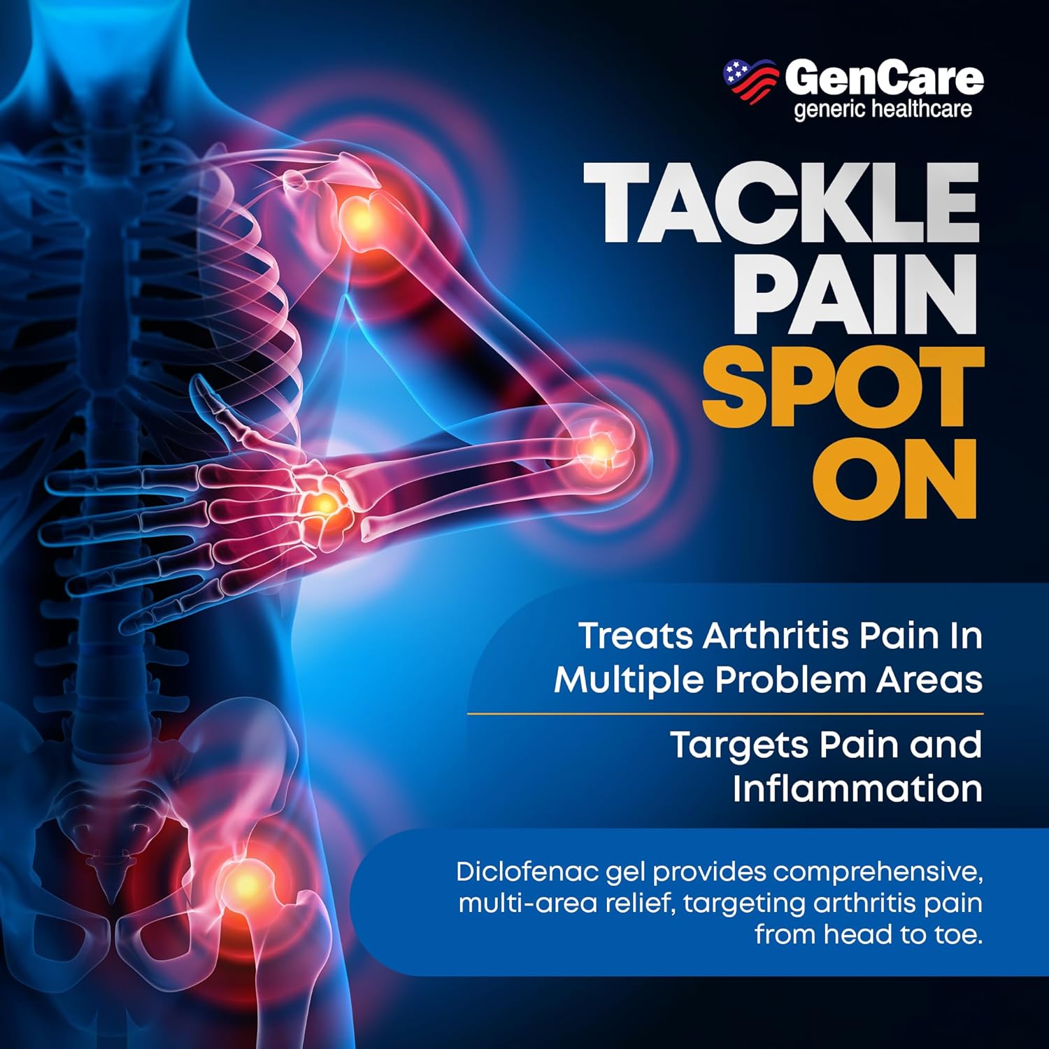 GenCare Arthritis Pain Relief Diclofenac Sodium Topical Gel 1% applied on an arm for inflammation and pain relief.