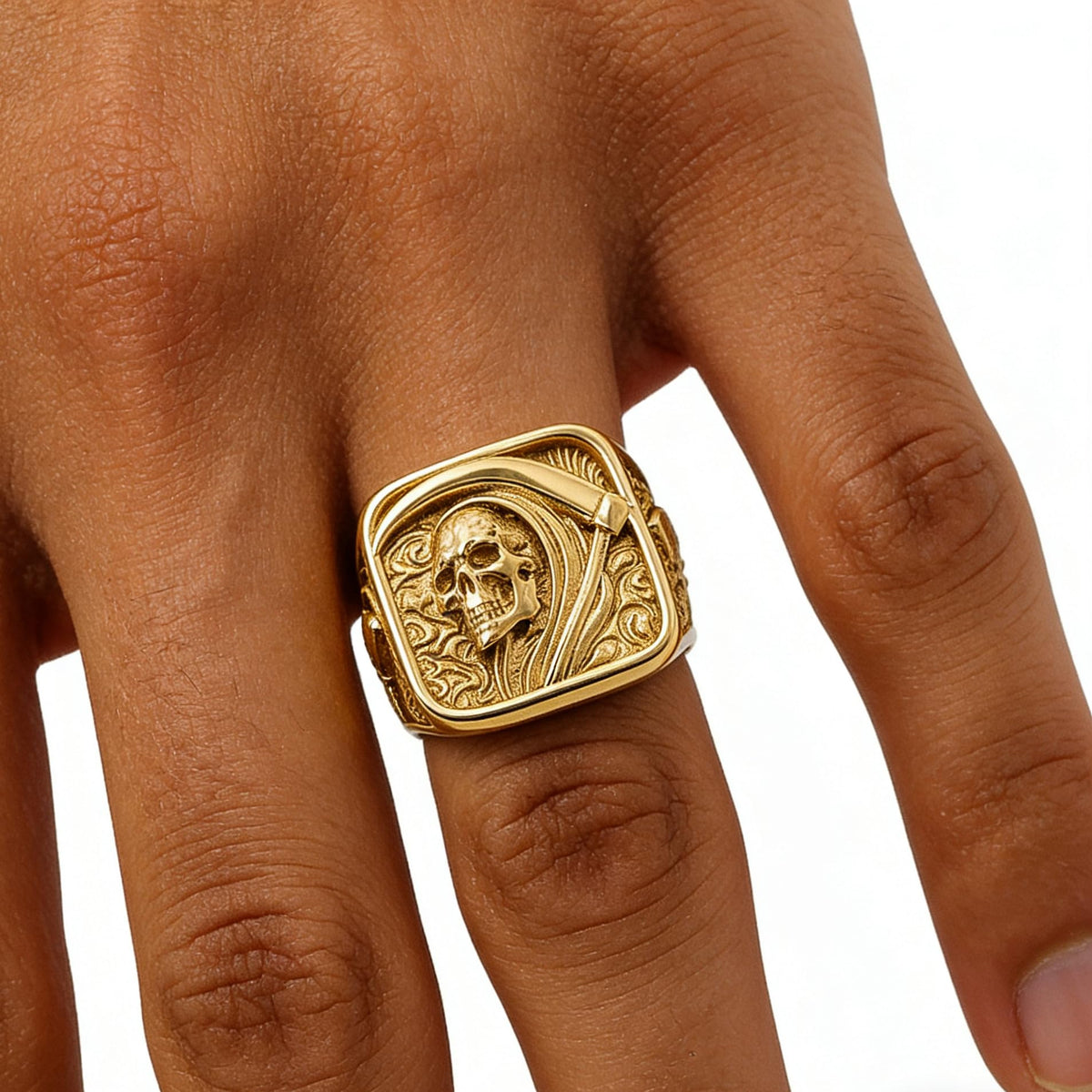 Grim Reaper Ring for Men Gold Skull with Scythe Signet - ZMY Home Official Imagery - 3