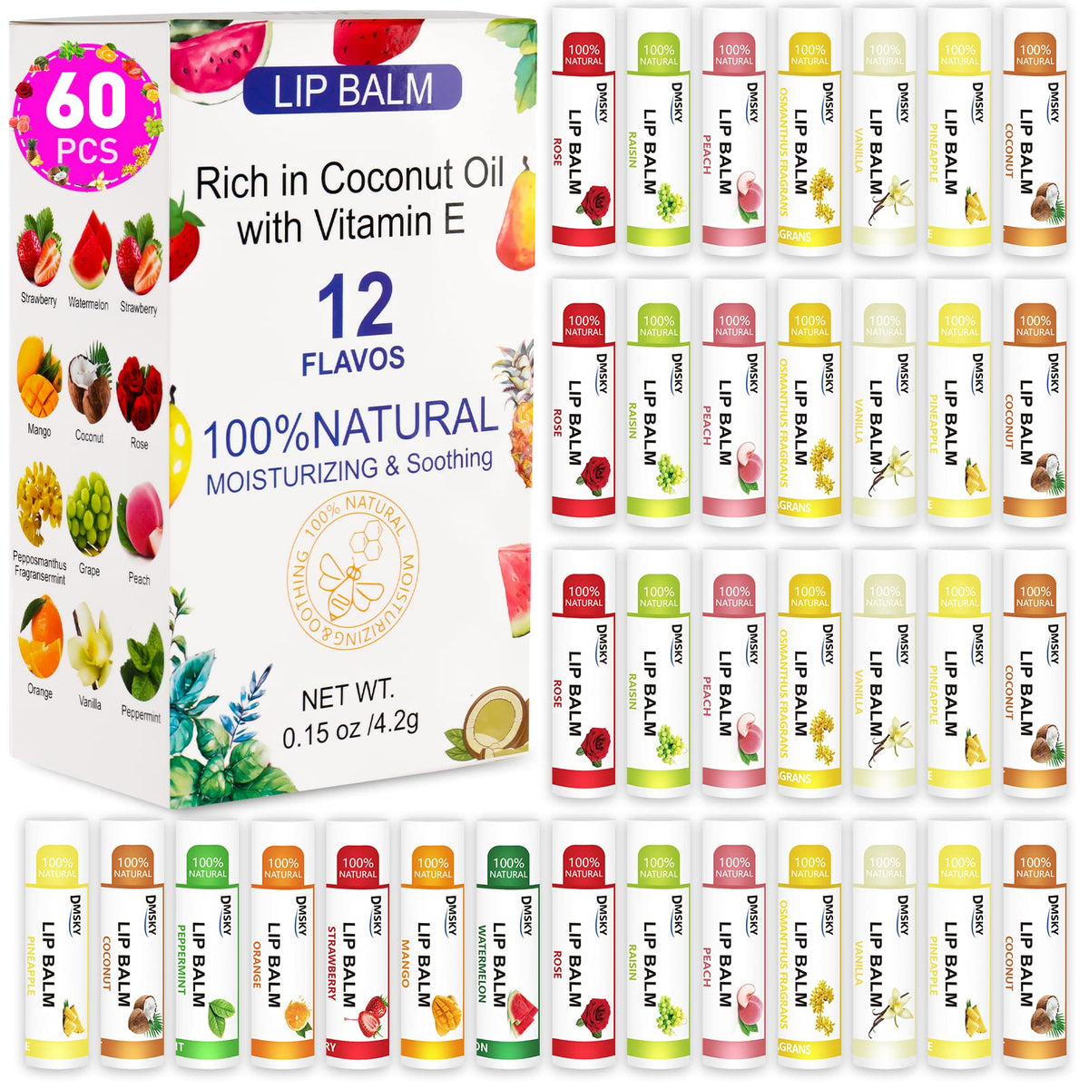 DMSKY 60 Pack Lip Balm Bulk Natural 12 Flavors - Dmsky Official Imagery - 2