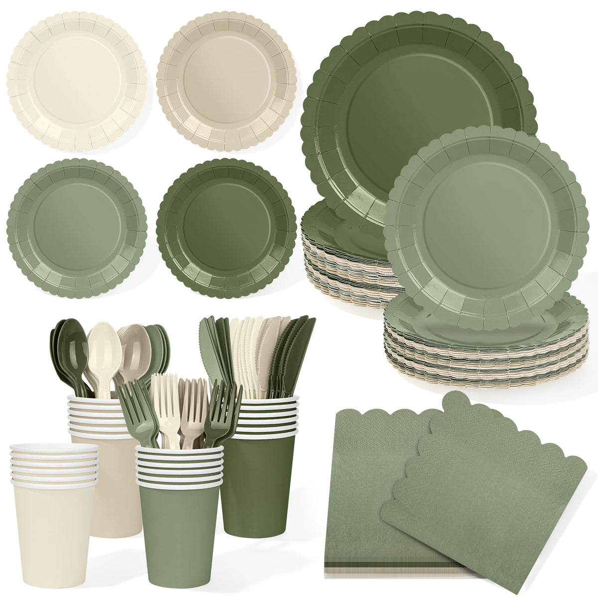 168 Pcs Nude Sage Green Tableware Set Sage and Beige Plates - ZUQMZUQ Official Imagery - 1