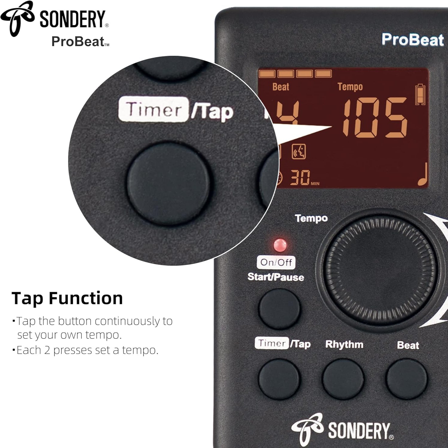 Sondery digital metronome with rechargeable battery, English vocal counting, and timer display on a sleek black device