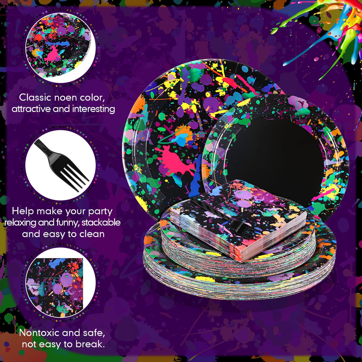 Baderke 192 Pcs Neon Glow Party Plates Napkins Forks - Baderke Official Imagery - 4