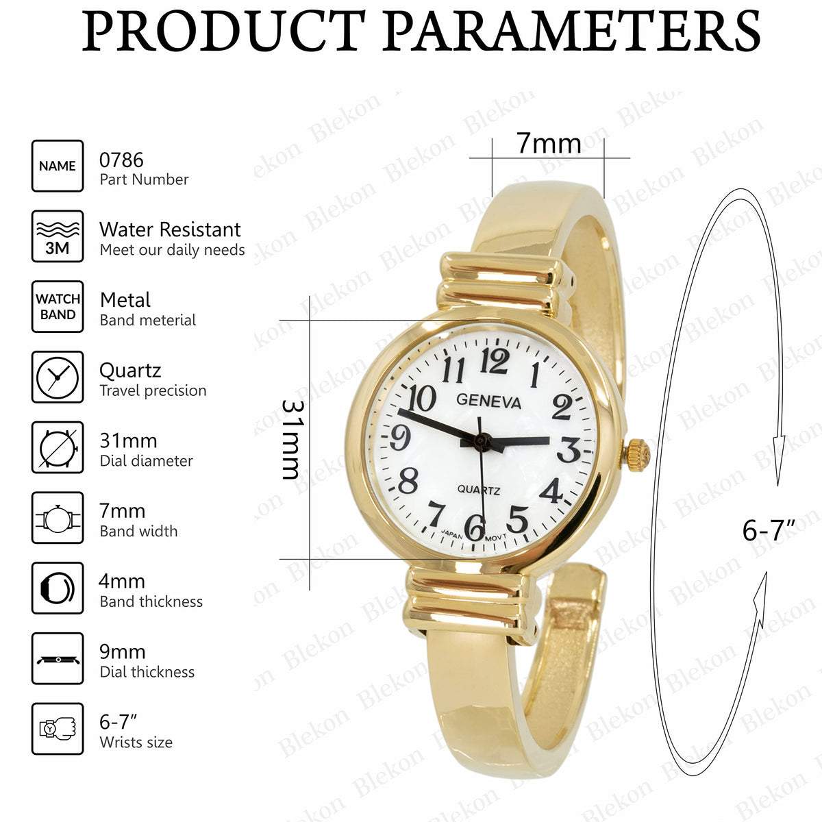 Original Mother of Pearl Cuff Bracelet Watch for Women with - Blekon Official Imagery - 3