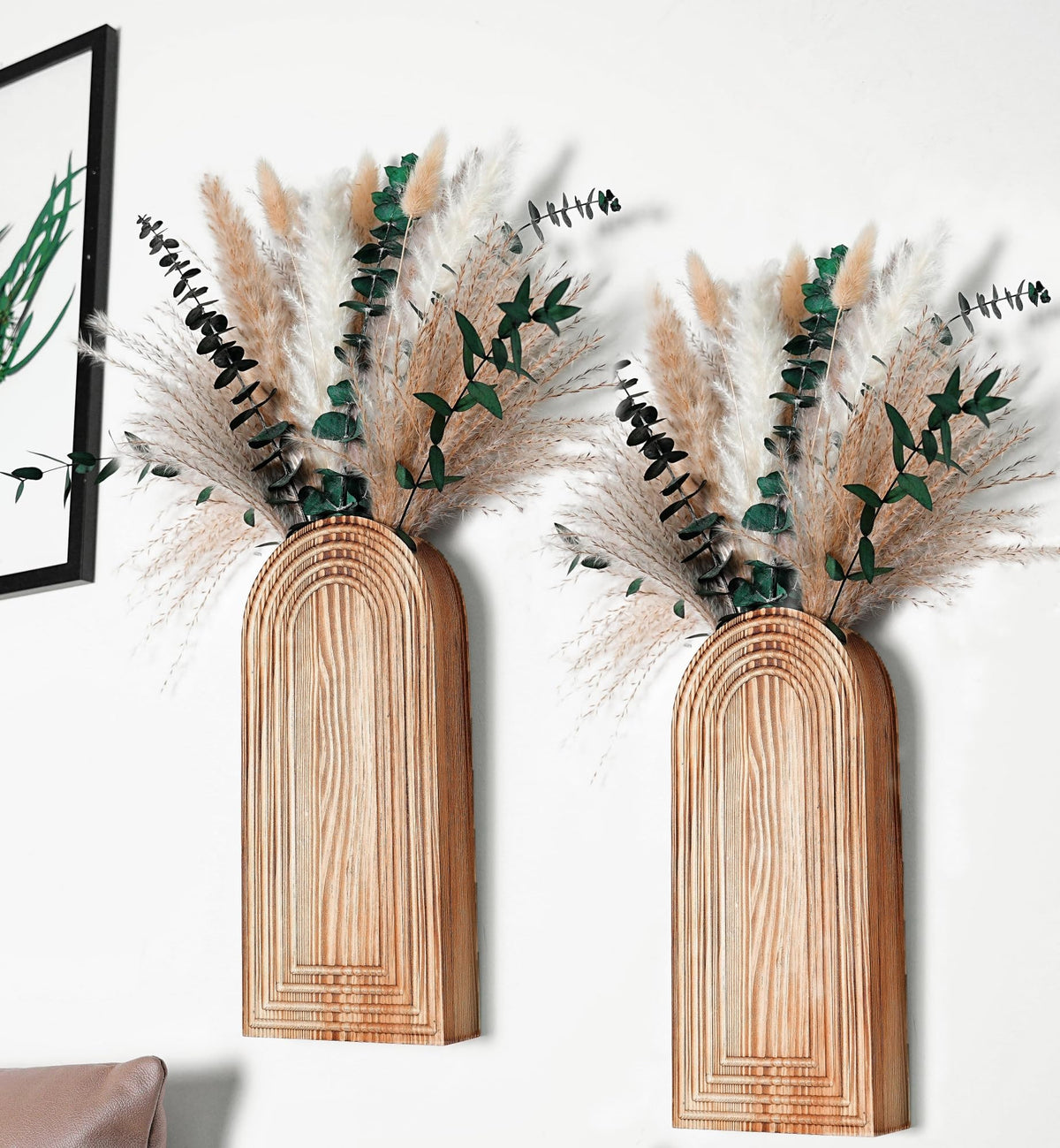Set of 2 Wooden Vases with Pampas Grass and Eucalyptus Boho - QQBABO Official Imagery - 1