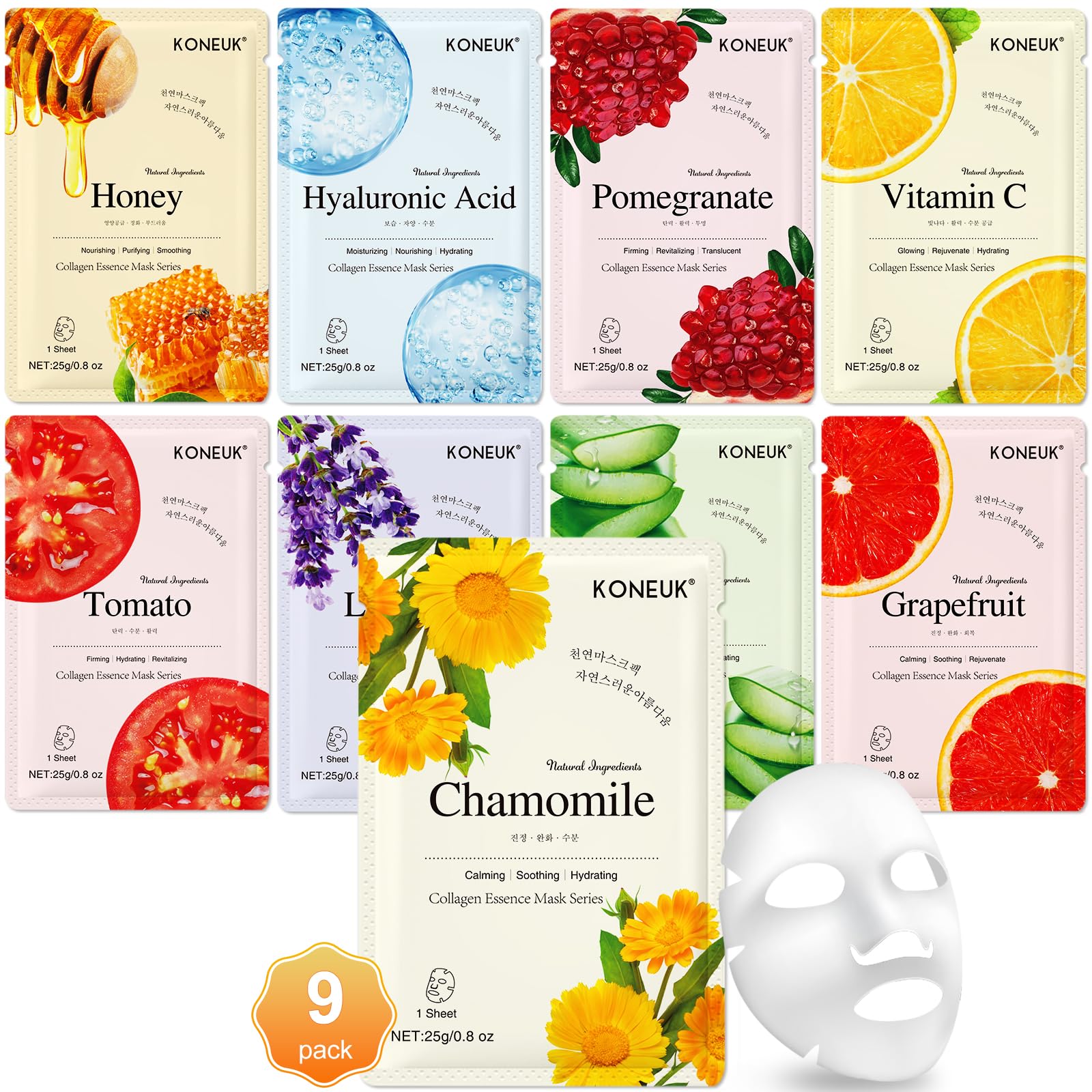 9 Pack Collagen Face Masks Skincare for Women, Hydrating Sheet - KONEUK