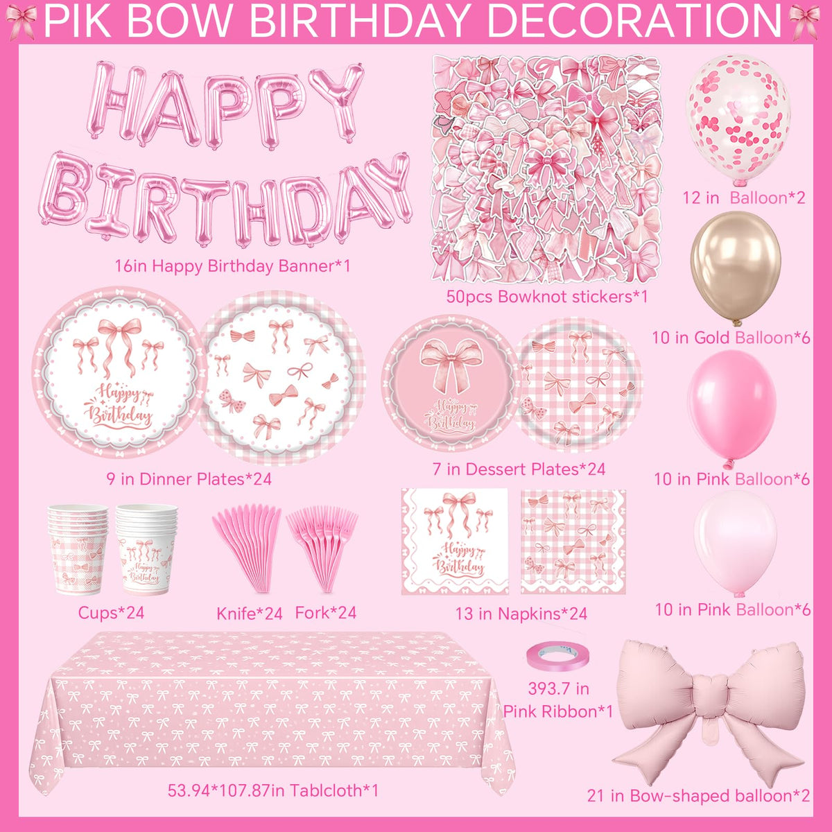 219Pcs Pink Bow Birthday Decorations Coquette Tableware Set - UBGKCJSJ Official Imagery - 6