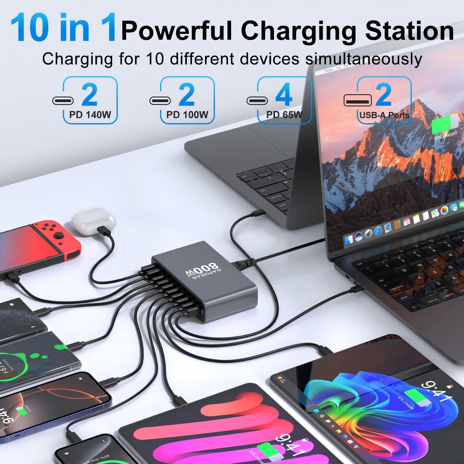 800W USB C Charger, 140W GaN Charger, 10-Port 100W/65W Fast Charging Station Compatible with MacBook Pro 16, HP, ASUS Laptops, iPad, iPhone 16 Pro Max/15, Samsung Galaxy S24/S23, Steam Deck and More