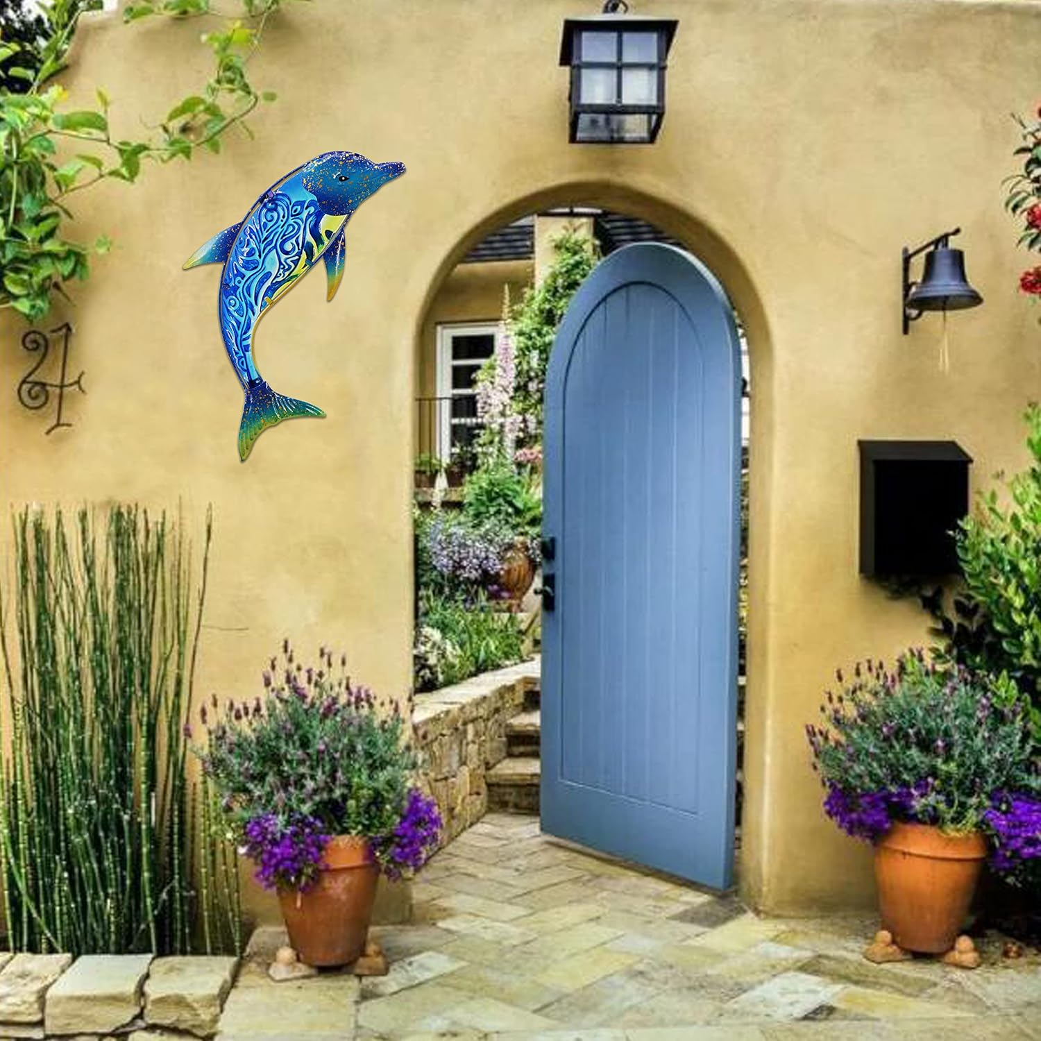 John's Studio dolphin wall decor outdoor metal fish sea hanging art with colorful glass accents