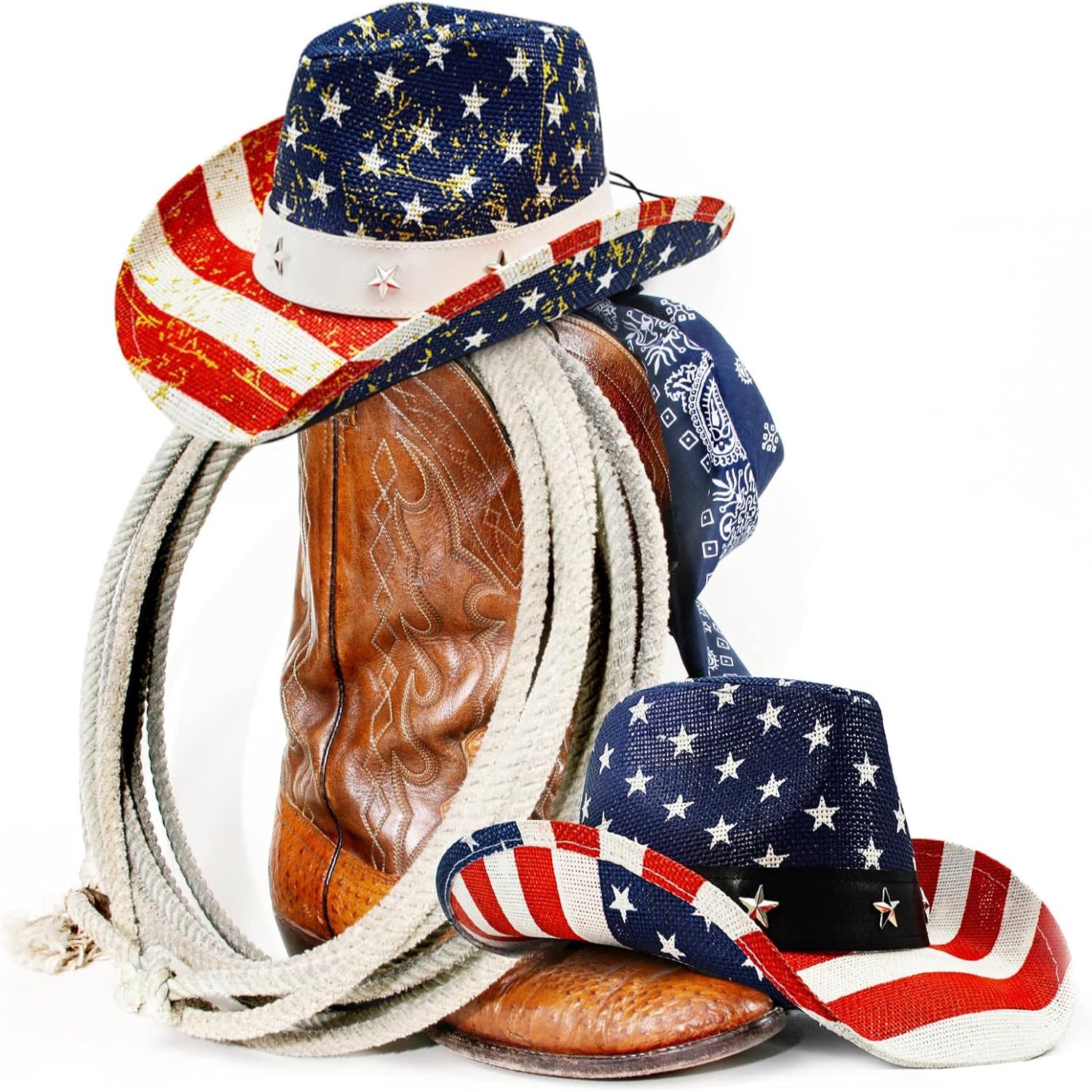 Fluffy Sense American flag cowboy hat with patriotic stars and stripes, Western style, perfect for 4th of July celebrations.