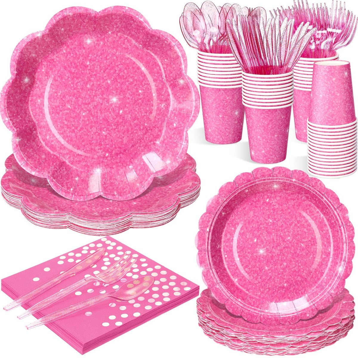 Hushee 175 Pcs Hot Pink Party Supplies 25 Guests Holographic - Hushee Official Imagery - 1