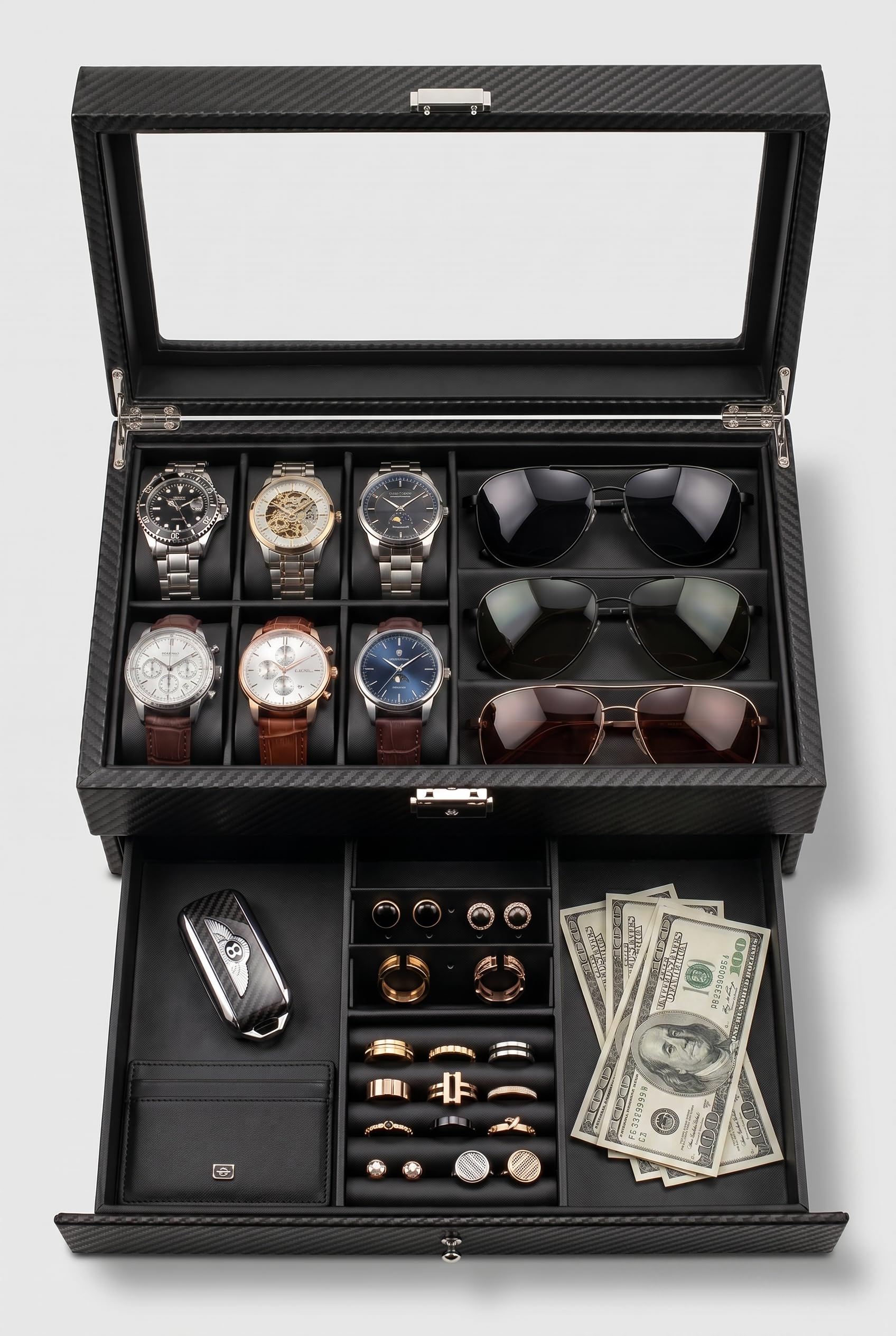 GUKA Watch box, 6 Slot Watch Case, 3 Slot Sunglass Organizer, - Product Imagery