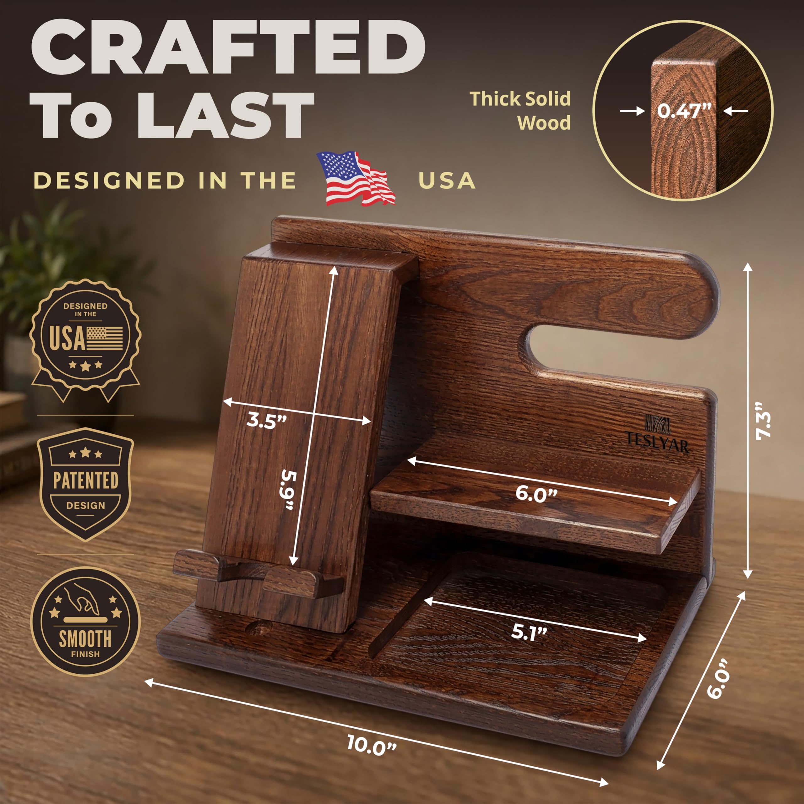 TESLYAR Wood Phone Docking Station for Men - Desktop or Nightstan by TESLYAR - Angle View 5