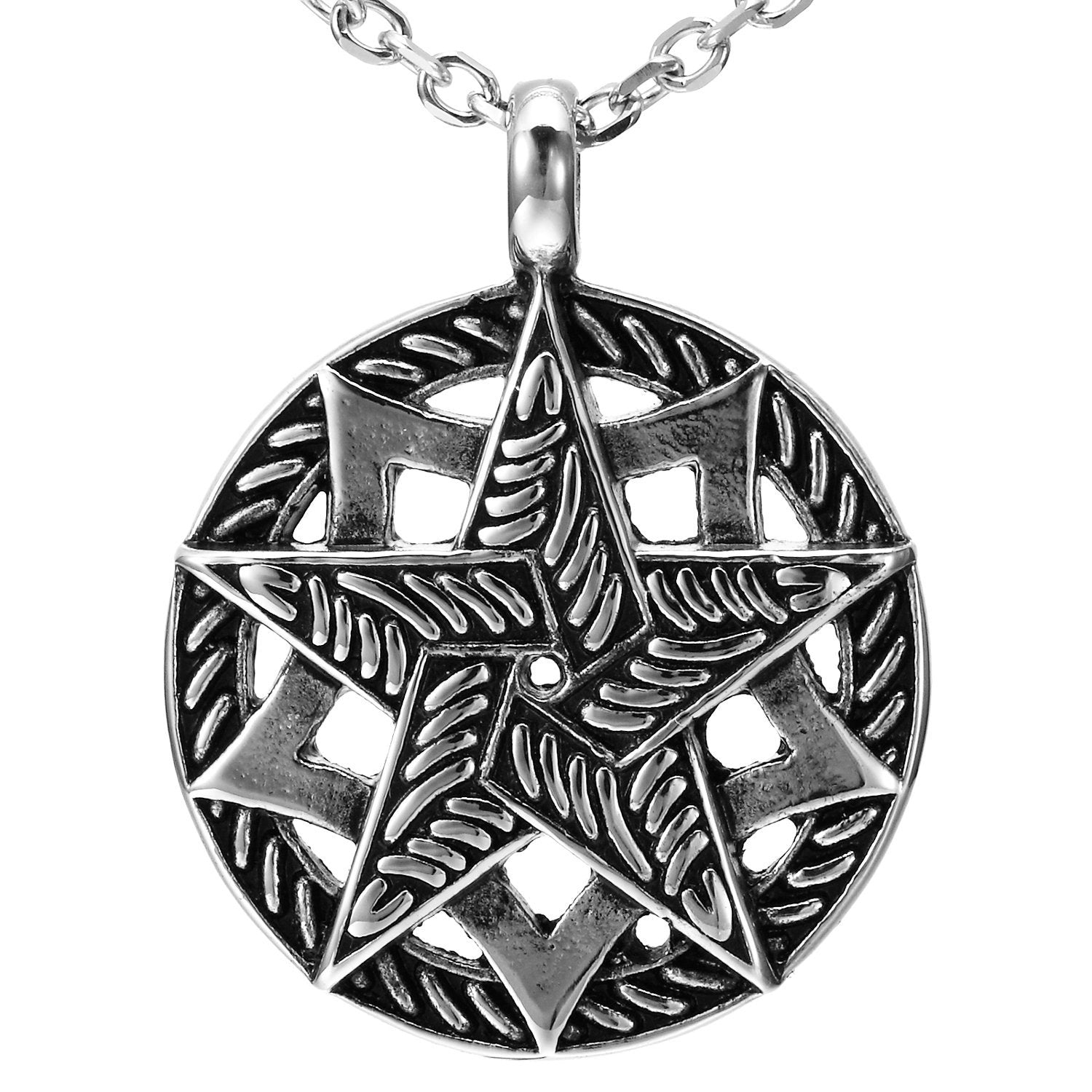 Mens Stainless Steel Pentacle Pentagram Pendant Necklace - Product Imagery