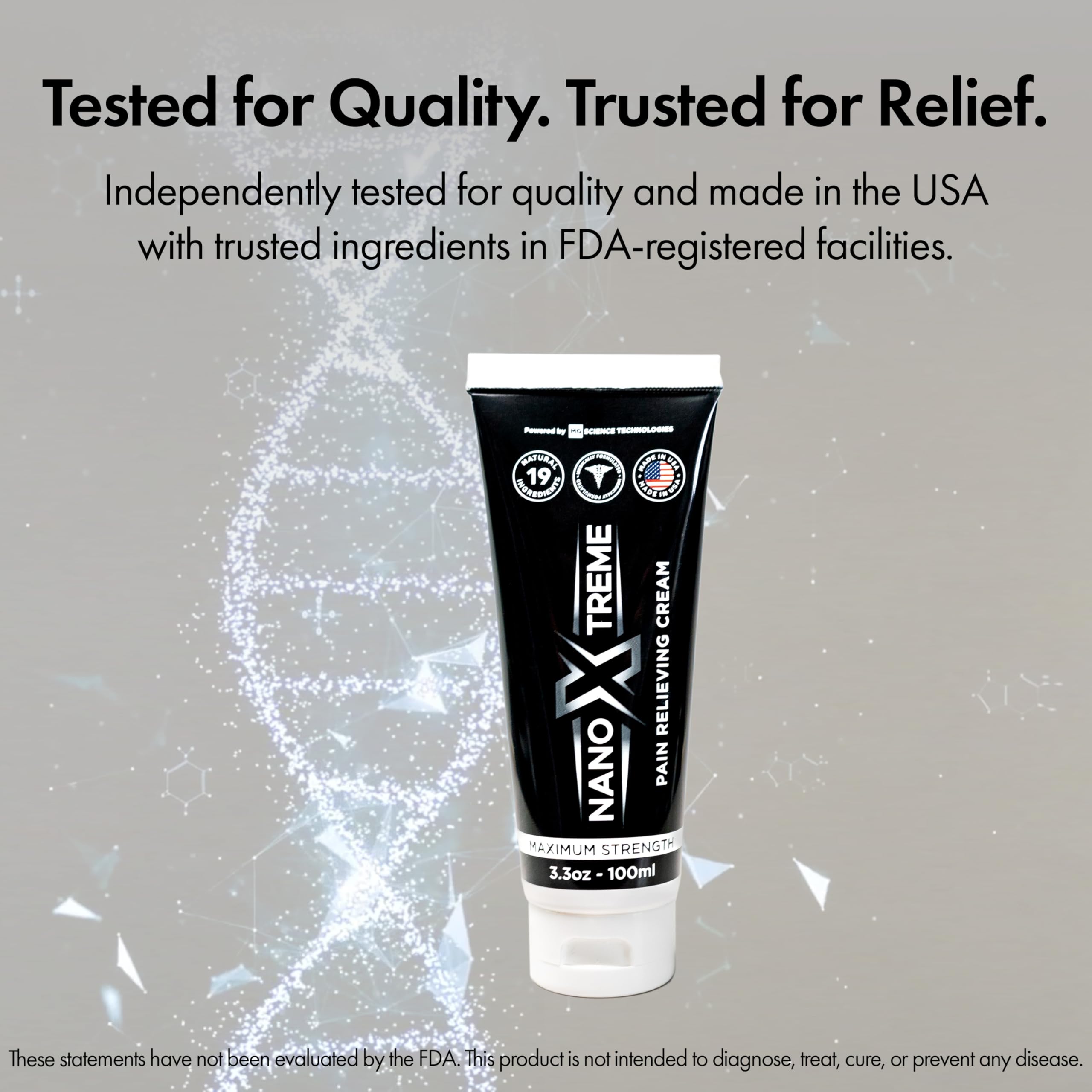 NanoXtreme Pain Relief Cream in a 3.3oz tube, fast-acting medication for soothing and alleviating pain.