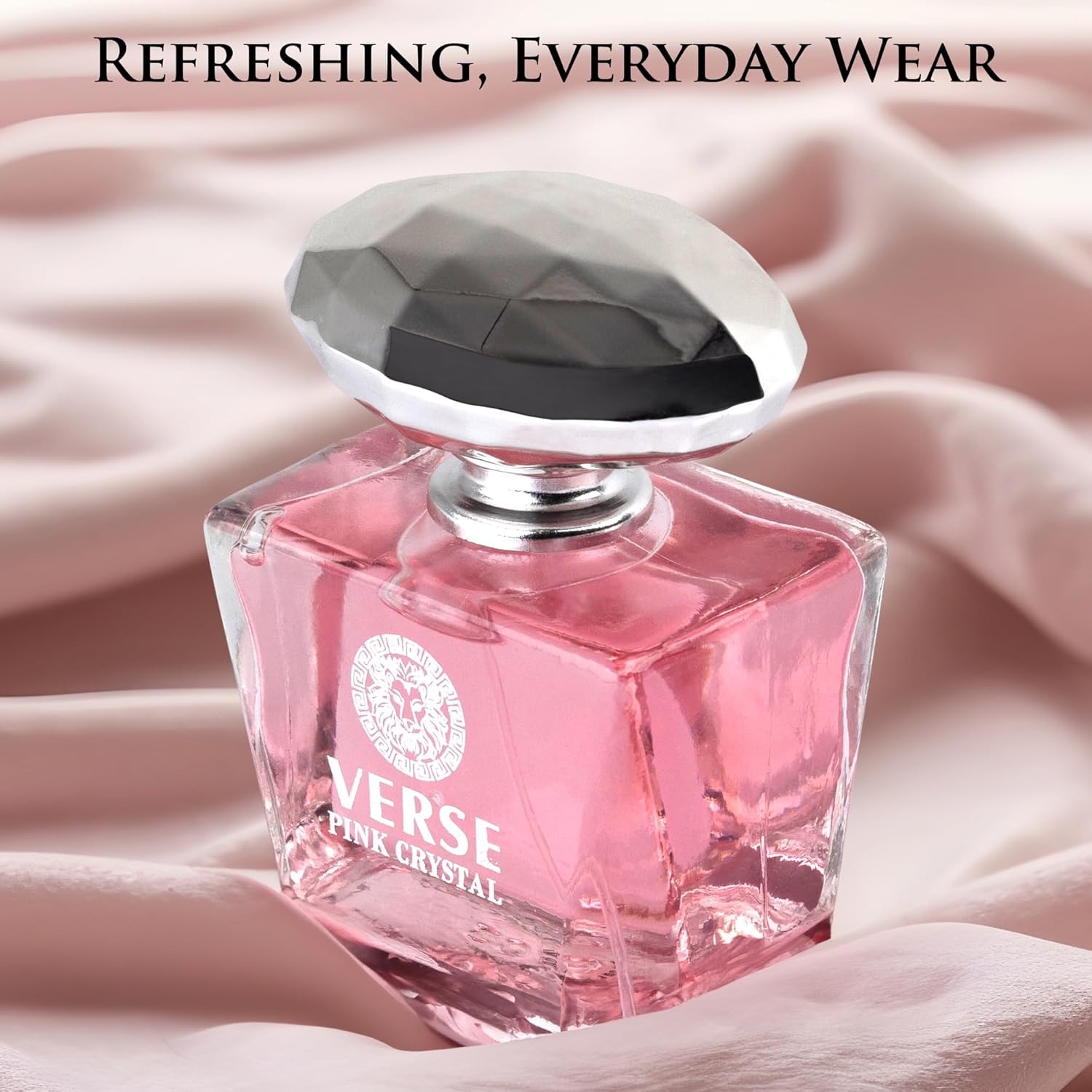 NovoGlow Verse Pink Crystal Eau De Parfum for women with pomegranate top notes, featuring a sleek pink bottle and elegant design.