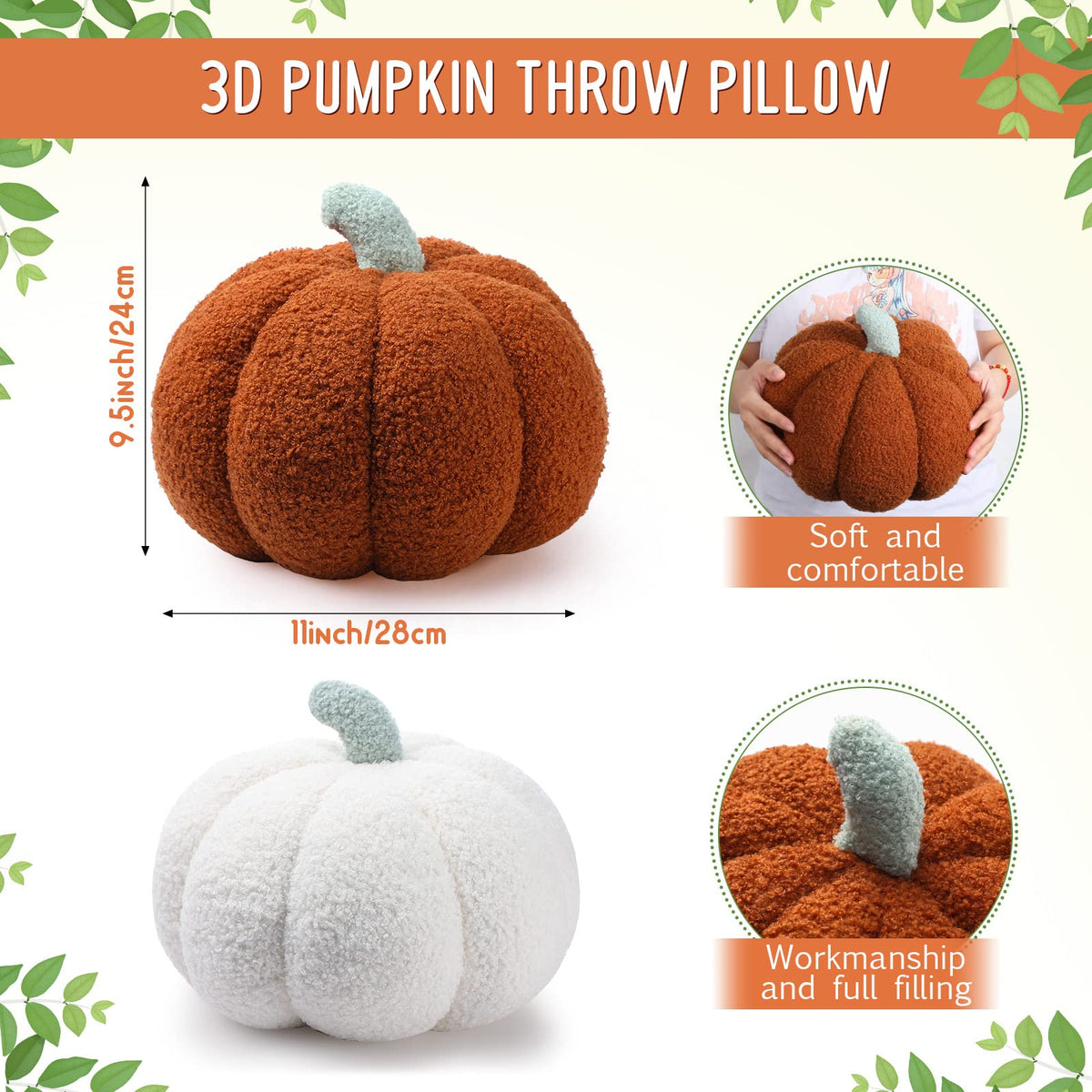 2 Pcs 3D Pumpkin Pillow Fall Decor Halloween Cushions White - Kajaia Official Imagery - 3