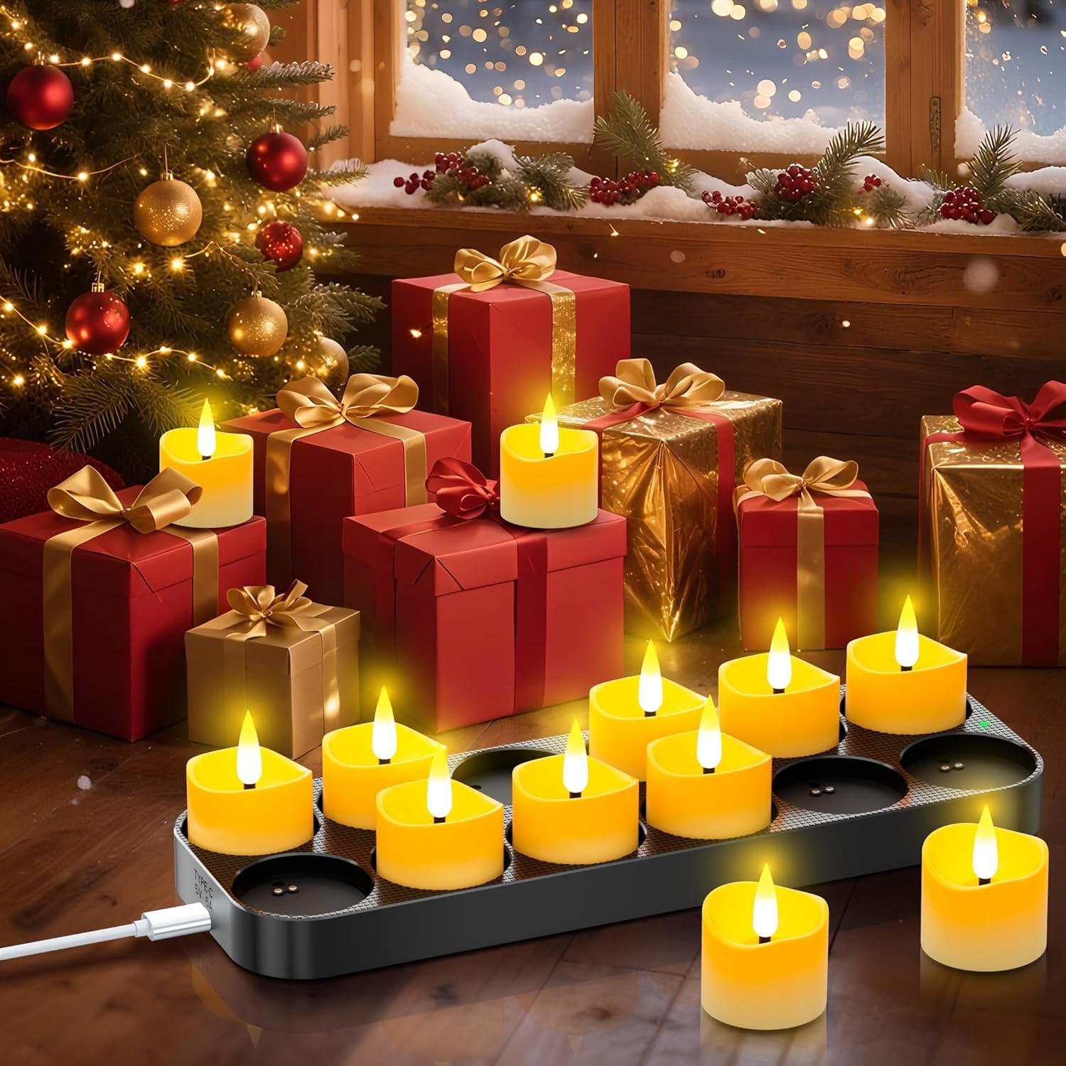 YiaMia 12-pack rechargeable tea lights with magnetic wireless charging, warm LED candles, and flickering flame effect.