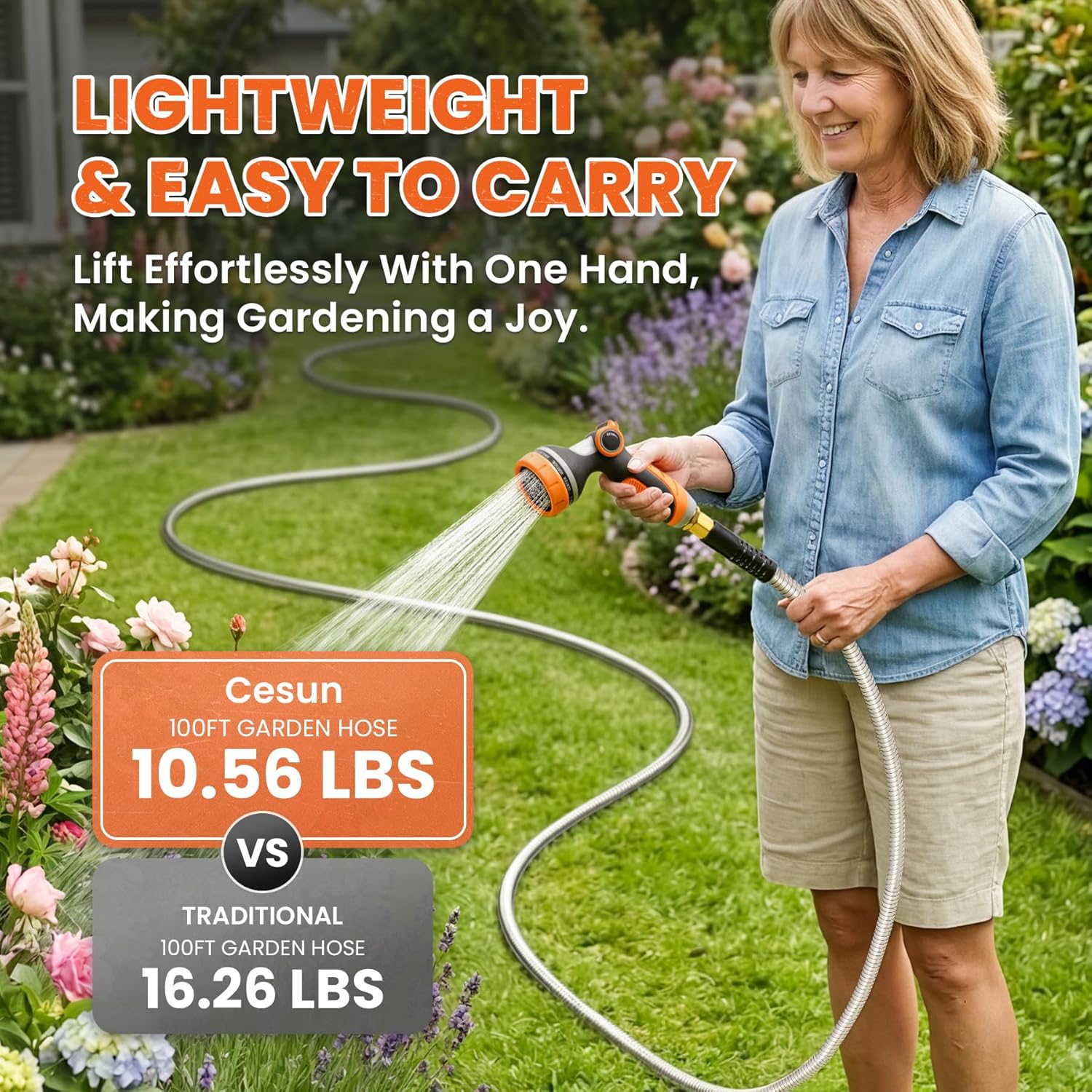 Cesun 100 ft stainless steel metal garden hose with 5/8 inch diameter, heavy-duty water hose for outdoor gardening and watering.
