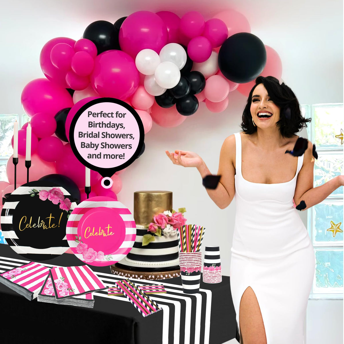 121 Pc Black and Pink Birthday Decorations Tableware Set - RainMeadow Official Imagery - 5