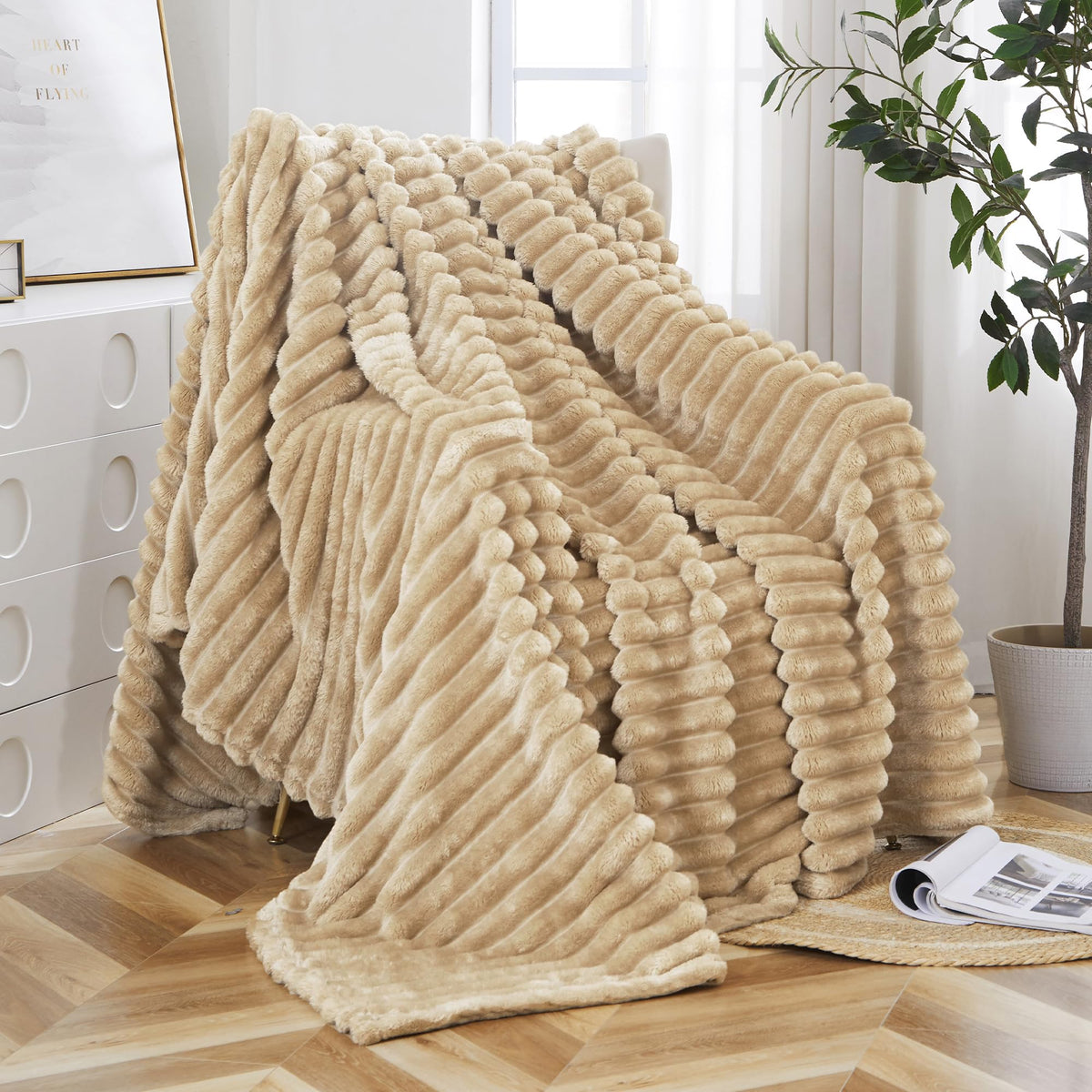 Taliska Ribbed Fleece Throw Blanket for Couch Bed Khaki 60 - Taliska Official Imagery - 1