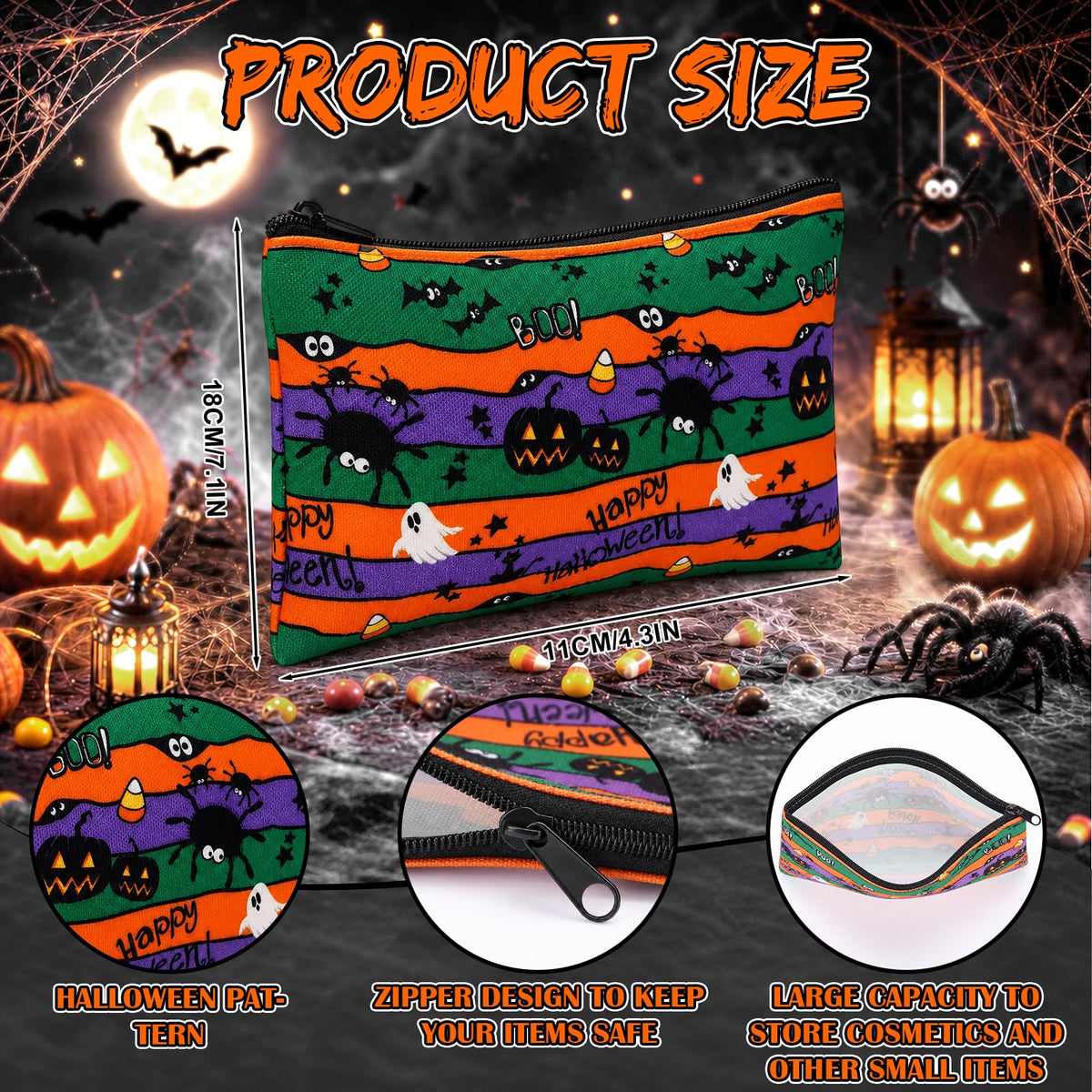 36 Pcs Halloween Canvas Makeup Bags Bulk Zipper Pumpkin - Locmeo Official Imagery - 4