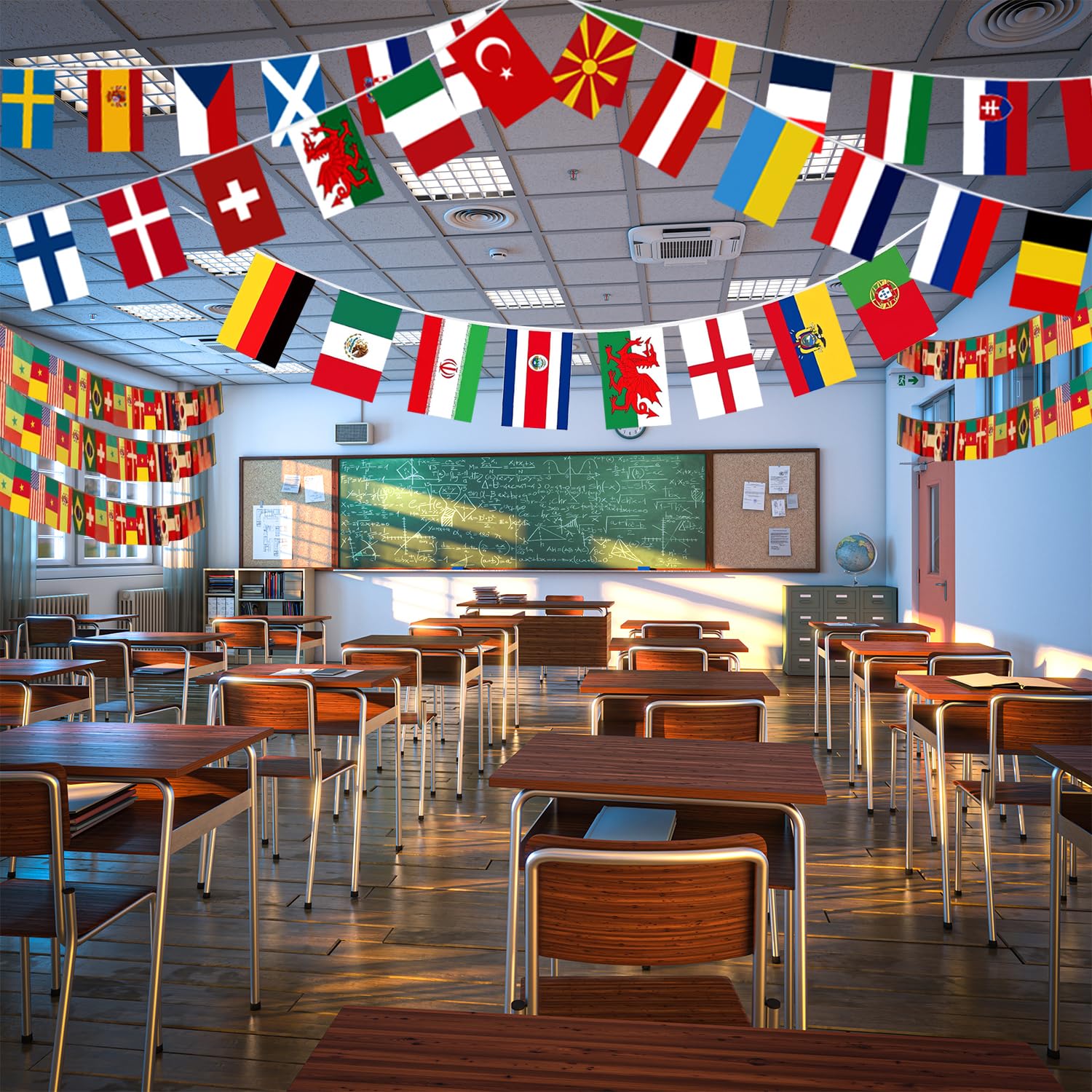 Two packs of 100 countries string flag banners with international flags, 82 feet long, by CrysGuard, displayed hanging outdoors.