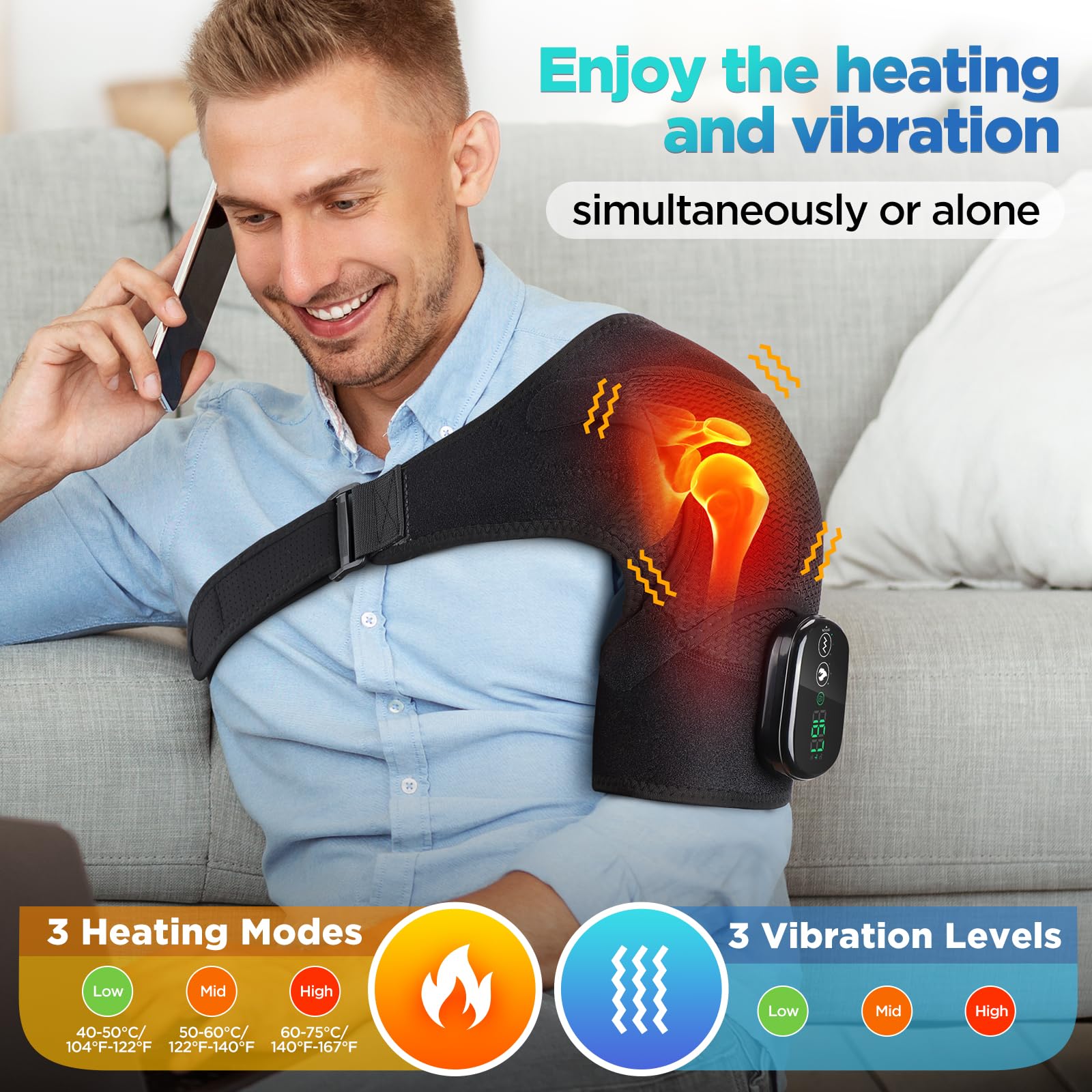 Cordless Shoulder Heating Pad & Massager with Vibration, Rechargeable