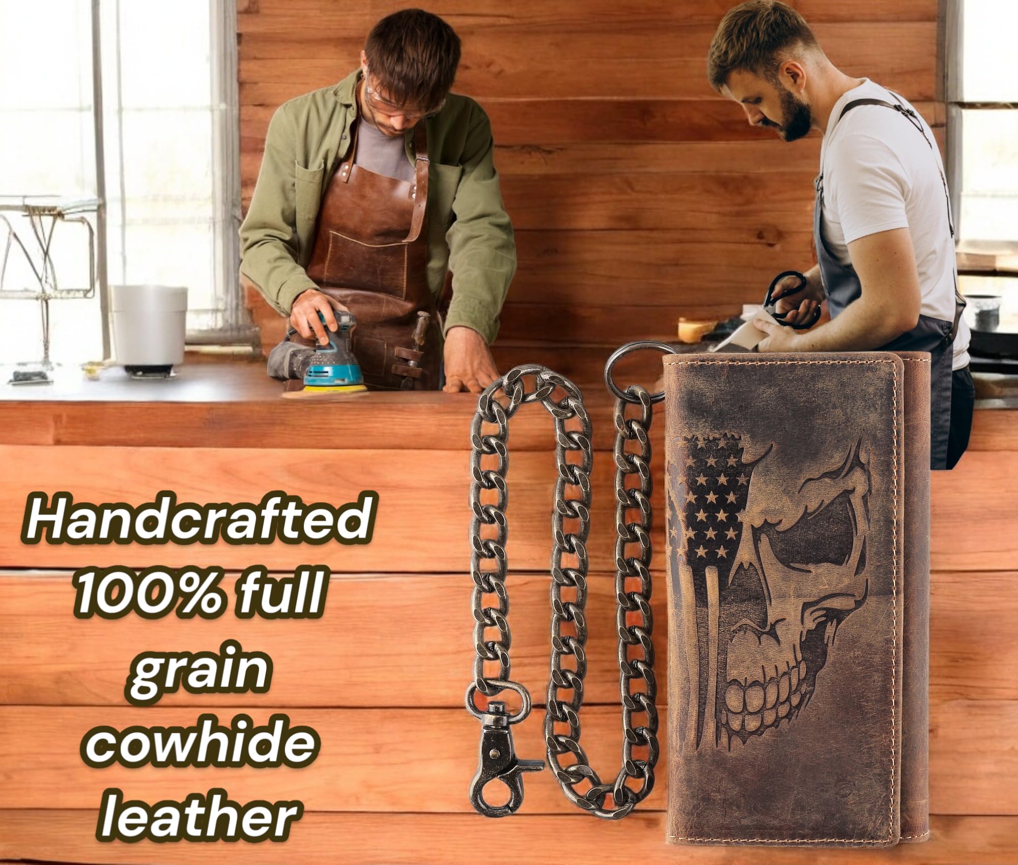 F&L CLASSIC RFID Blocking Mens Tri-fold Long Style Cowhide Leather Steel Chain Wallet,brown flag/skull,212-103