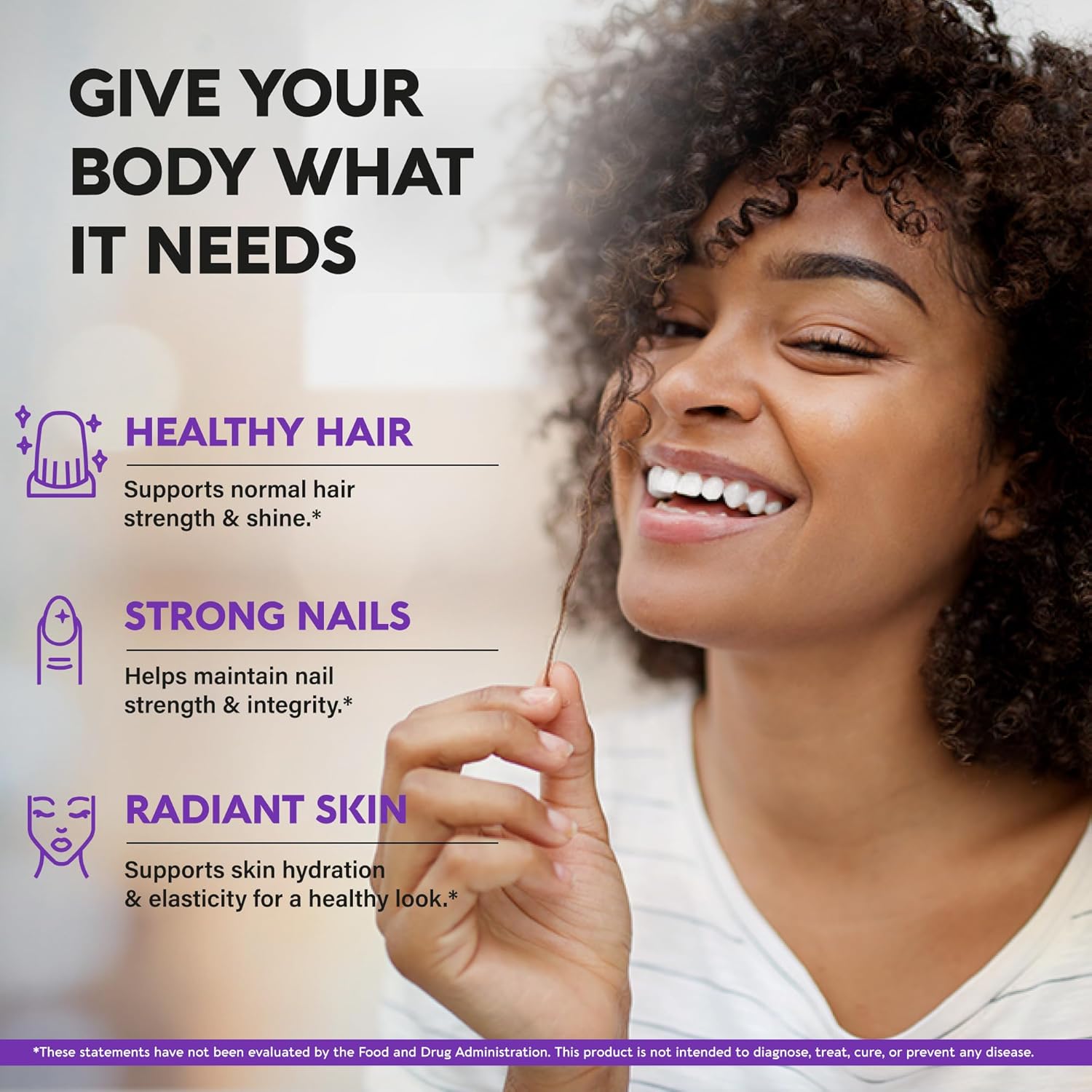 NUTRAHARMONY Biotin supplement with collagen, hyaluronic acid, and keratin for supporting normal hair growth.