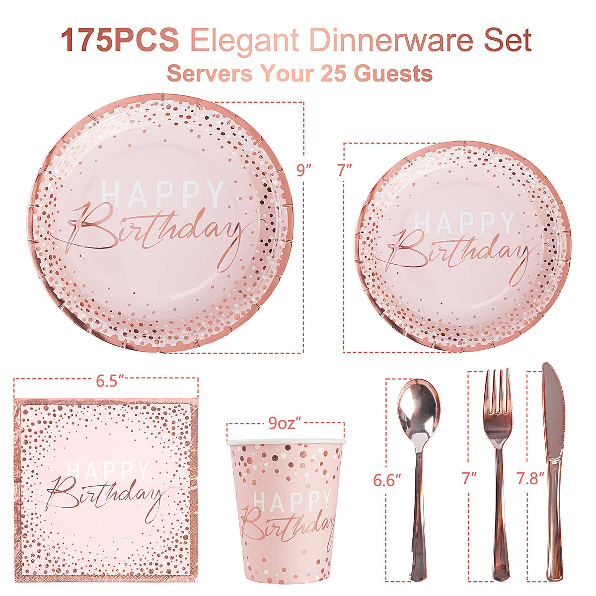 175PCS Pink and Rose Gold Birthday Paper Plates Dinnerware - Tyzarglef Official Imagery - 4