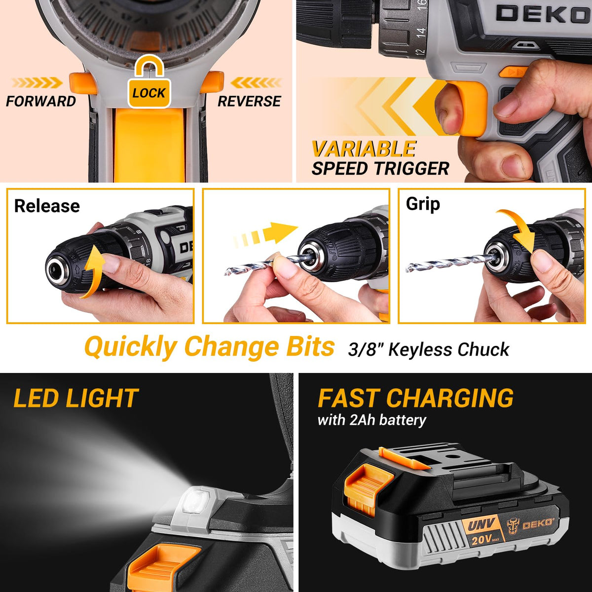 Cordless Drill Tool Kit Set 20V Power Drill Tool Box with - DEKOPRO Official Imagery - 5
