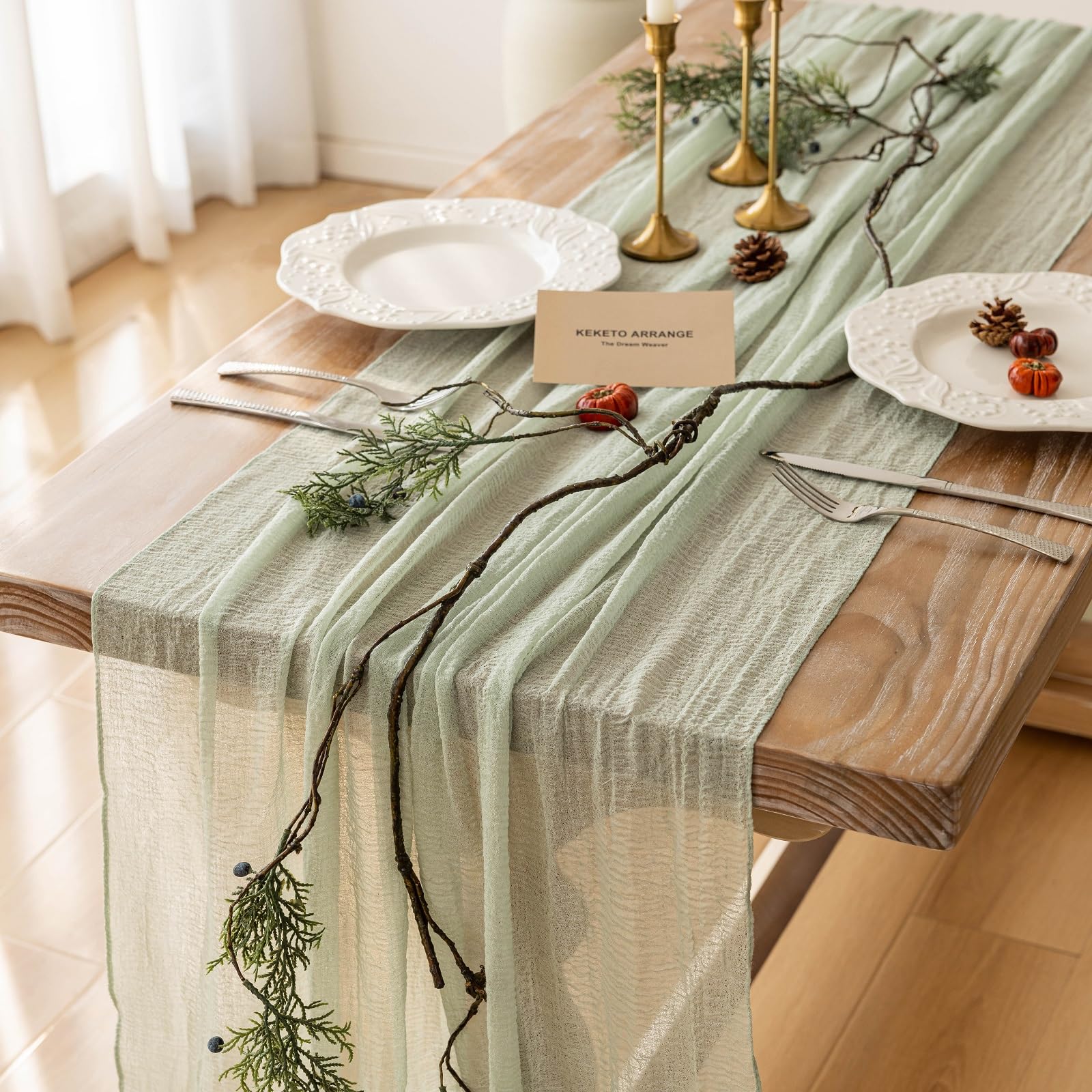 Sage Green Cheesecloth Table Runner 120 Inches Fall Party Home - Product Imagery