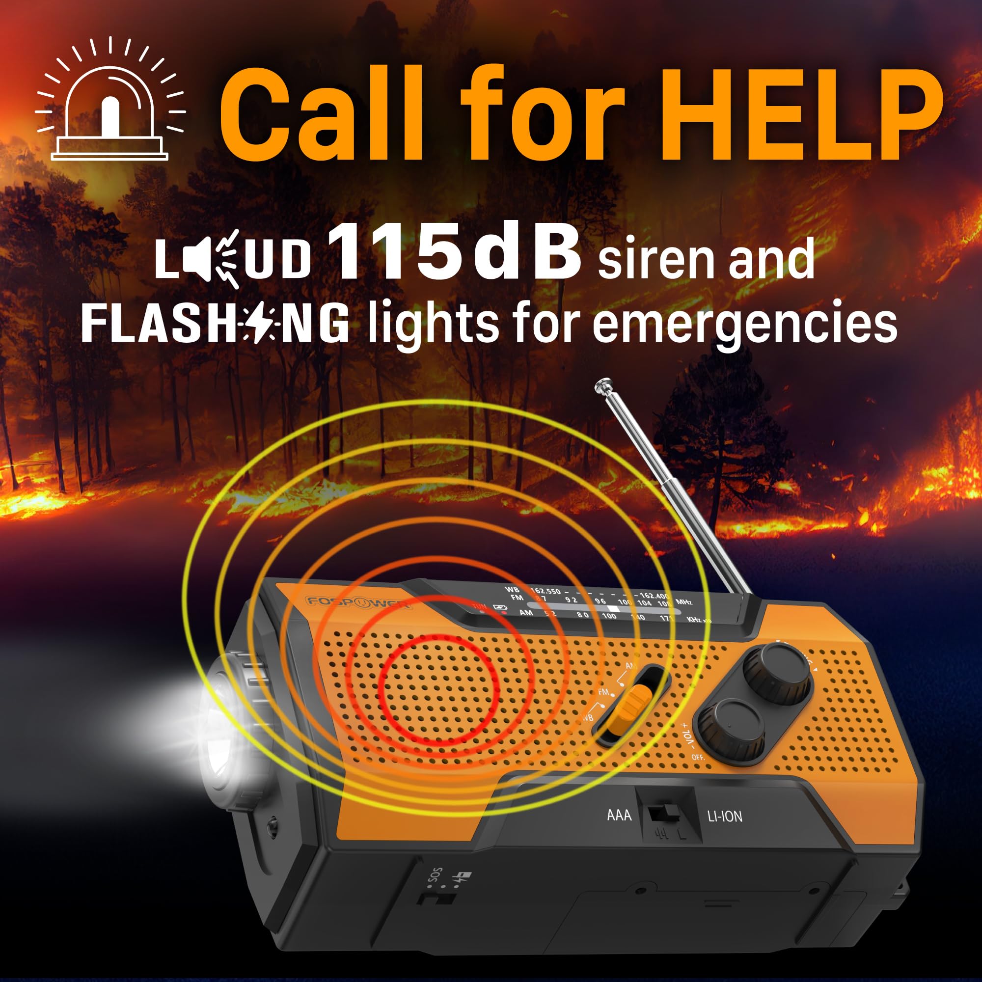 FosPower NOAA Emergency Weather Radio A1 7400mWh Solar Hand Crank by FosPower - Angle View 4