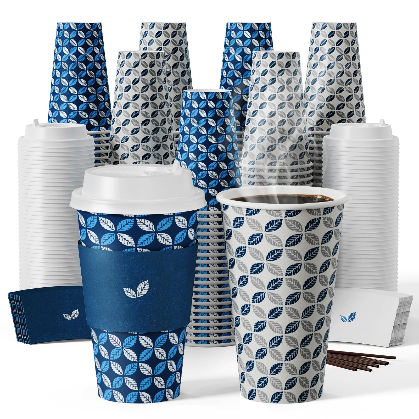 JOLLY CHEF 16 oz Coffee Cups with Lids 100 Pack, Disposable Hot - Product Imagery