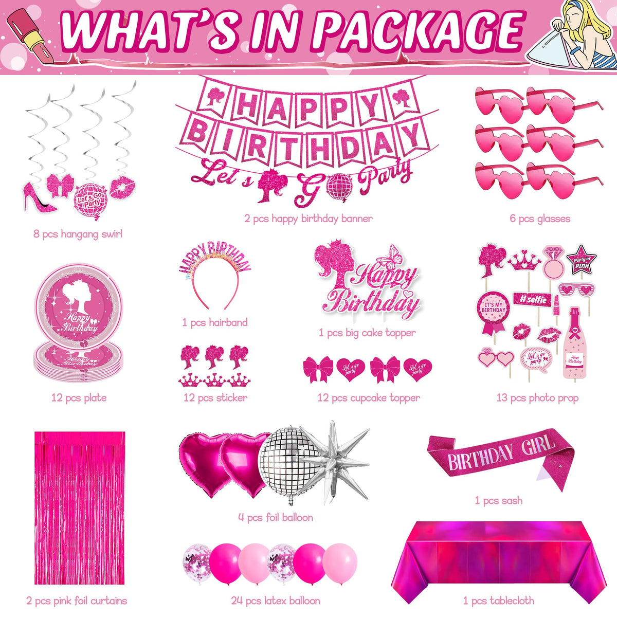 99 Piece Hot Pink Birthday Party Decorations for Women - JOLJUMP Official Imagery - 4