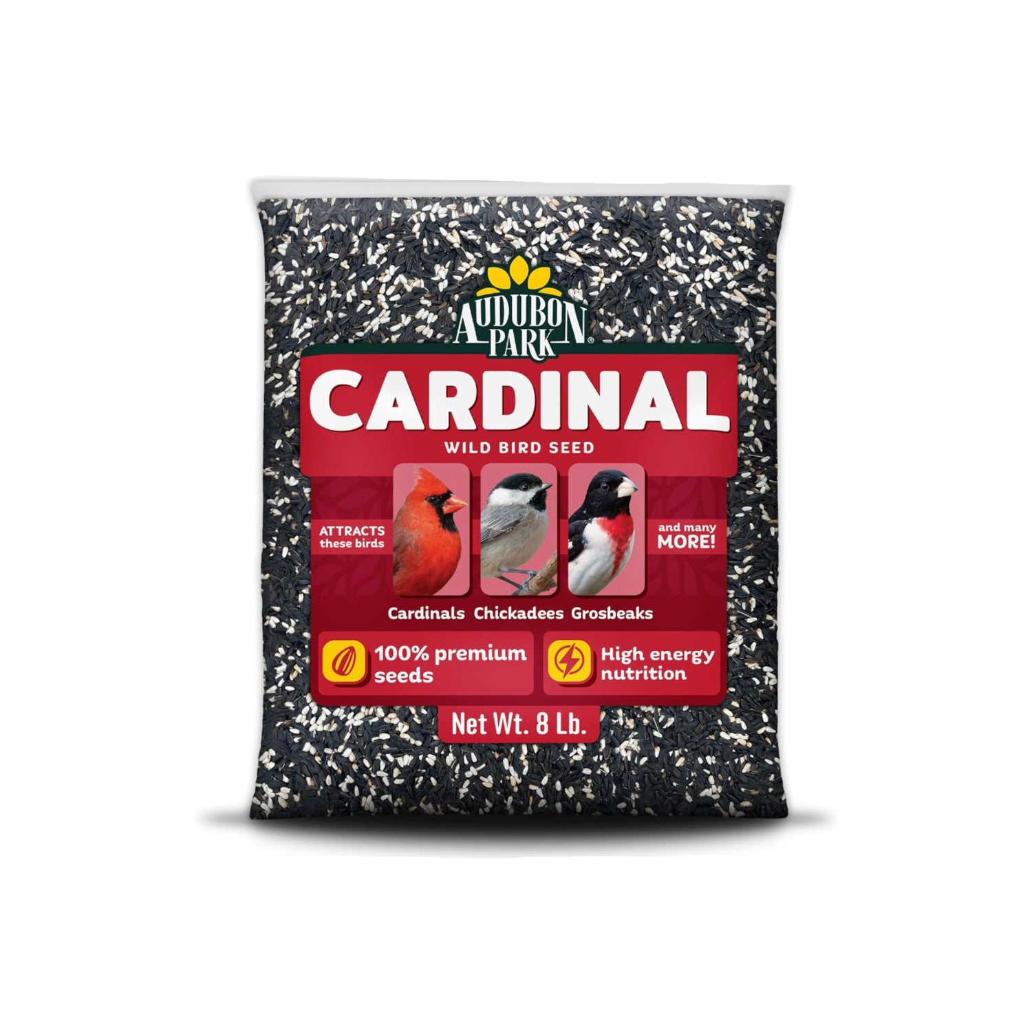 Audubon Park Cardinal Blend wild bird food and seed in a bag, ideal for attracting cardinals and outdoor birdwatching.