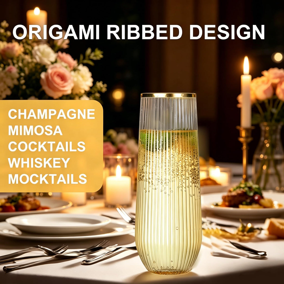 48 Pack Ribbed Plastic Champagne Flutes Glasses Stemless - JoyGletss Official Imagery - 5
